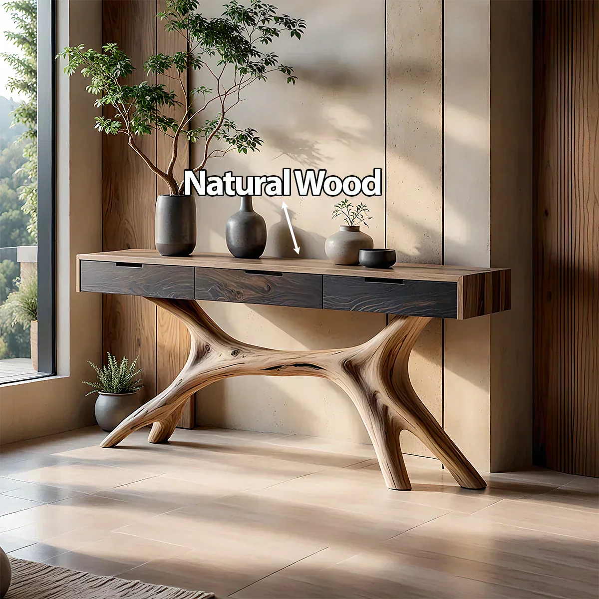Solid Wood Console Table with Sculptural Branch-Form Base & Drawers - Rustiracraft