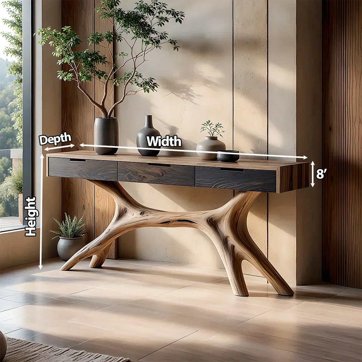 Solid Wood Console Table with Sculptural Branch-Form Base & Drawers - Rustiracraft