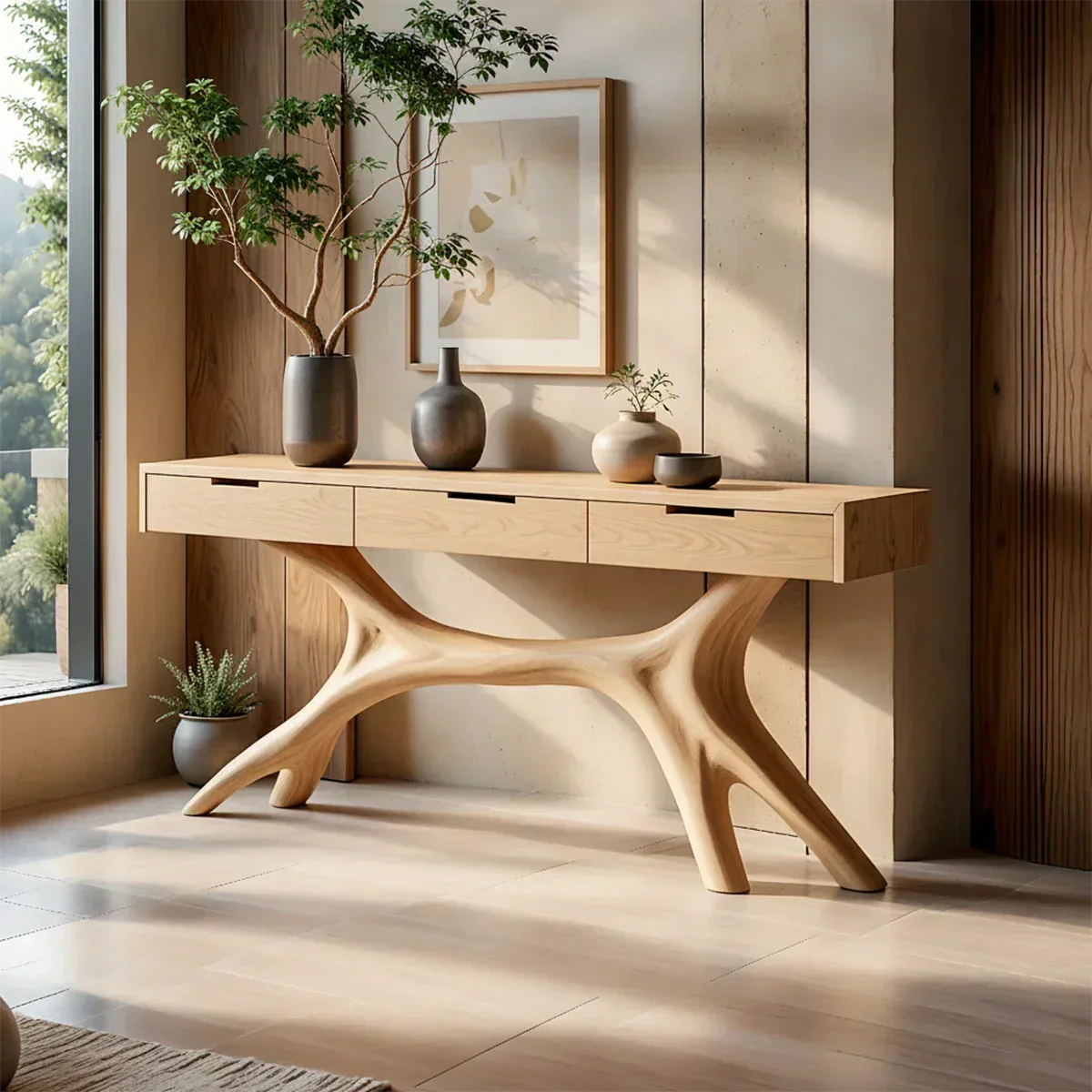 Solid Wood Console Table with Sculptural Branch-Form Base & Drawers - Rustiracraft