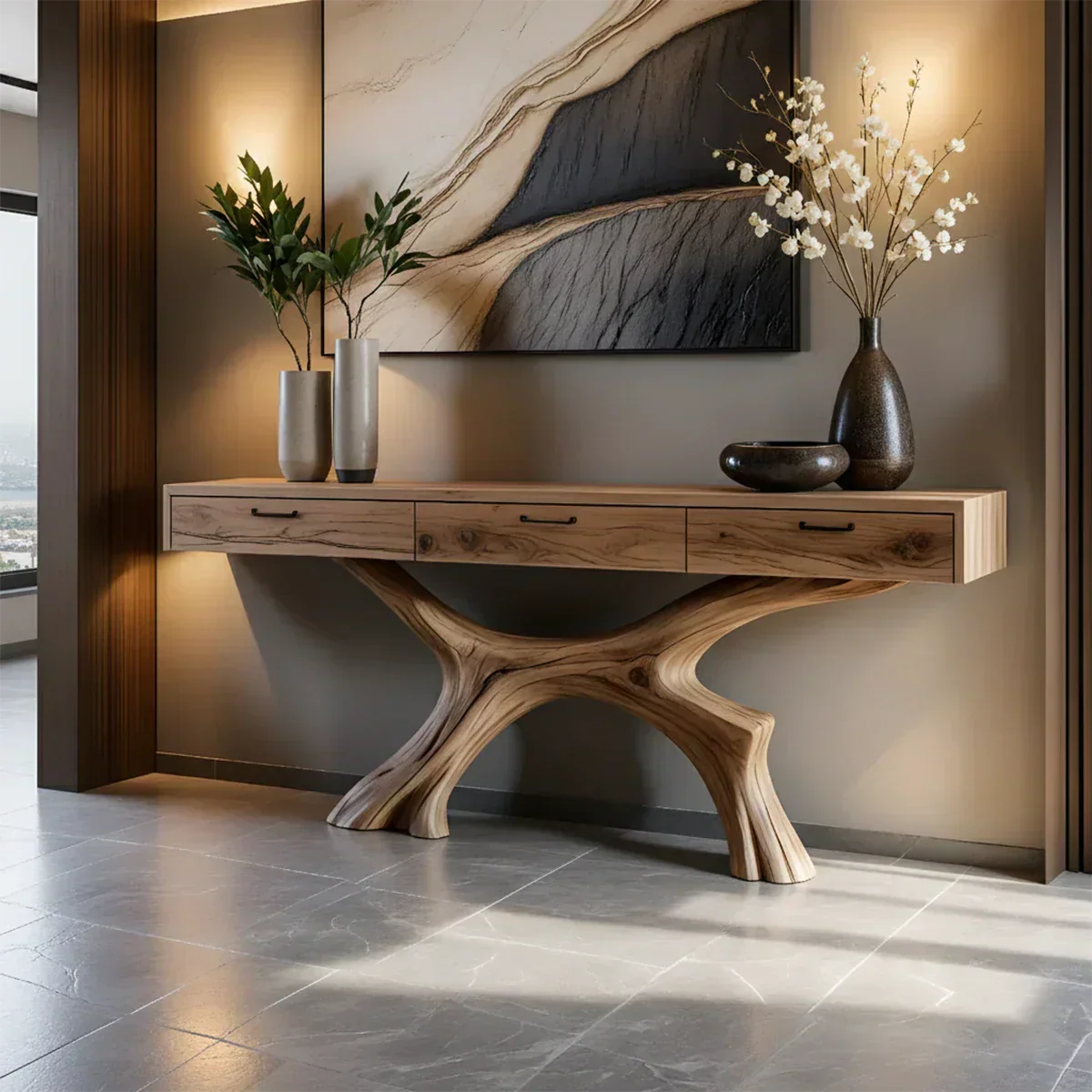 Solid Wood Console Table with Sculptural Branch-Form Base & Drawers - Rustiracraft