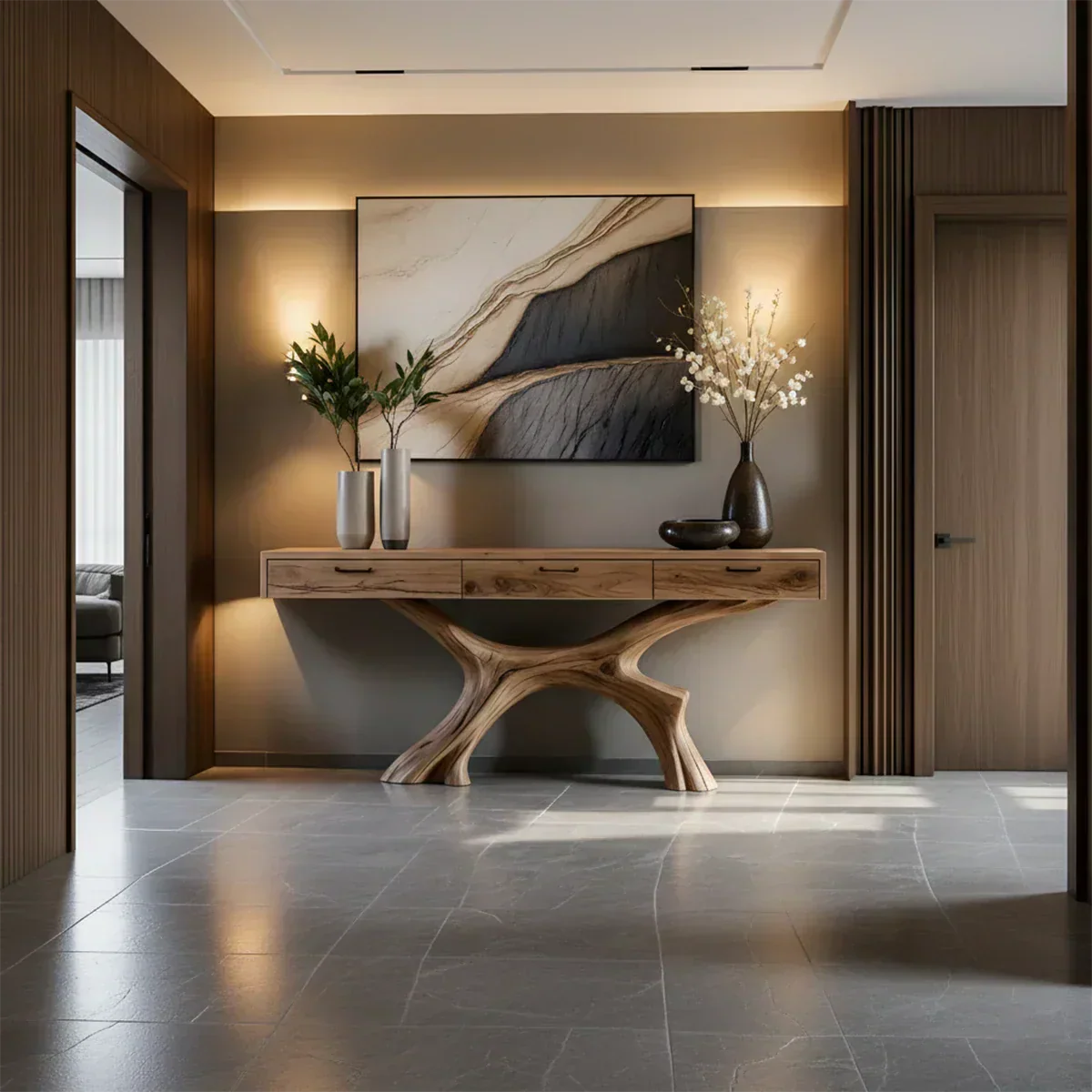 Solid Wood Console Table with Sculptural Branch-Form Base & Drawers - Rustiracraft