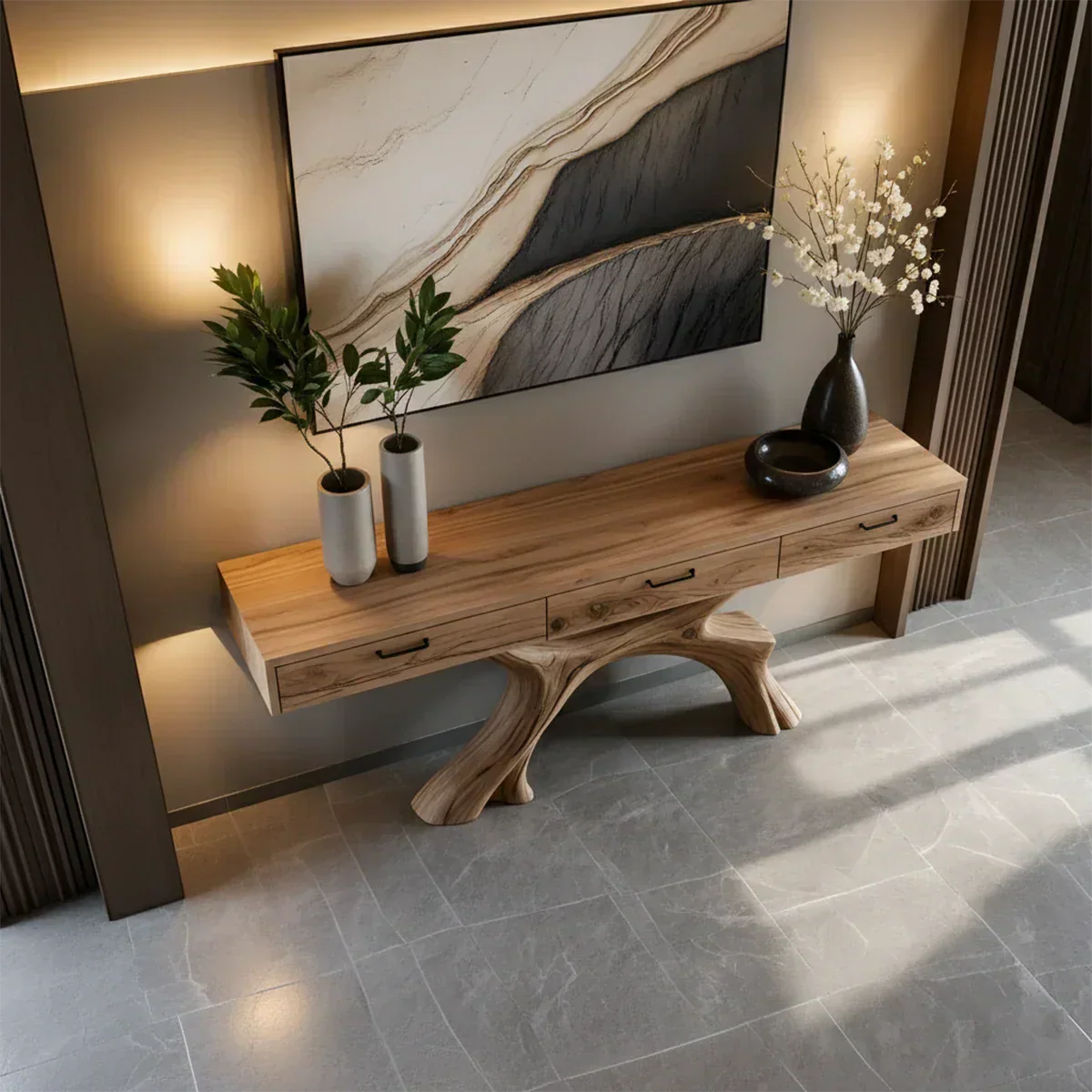 Solid Wood Console Table with Sculptural Branch-Form Base & Drawers - Rustiracraft