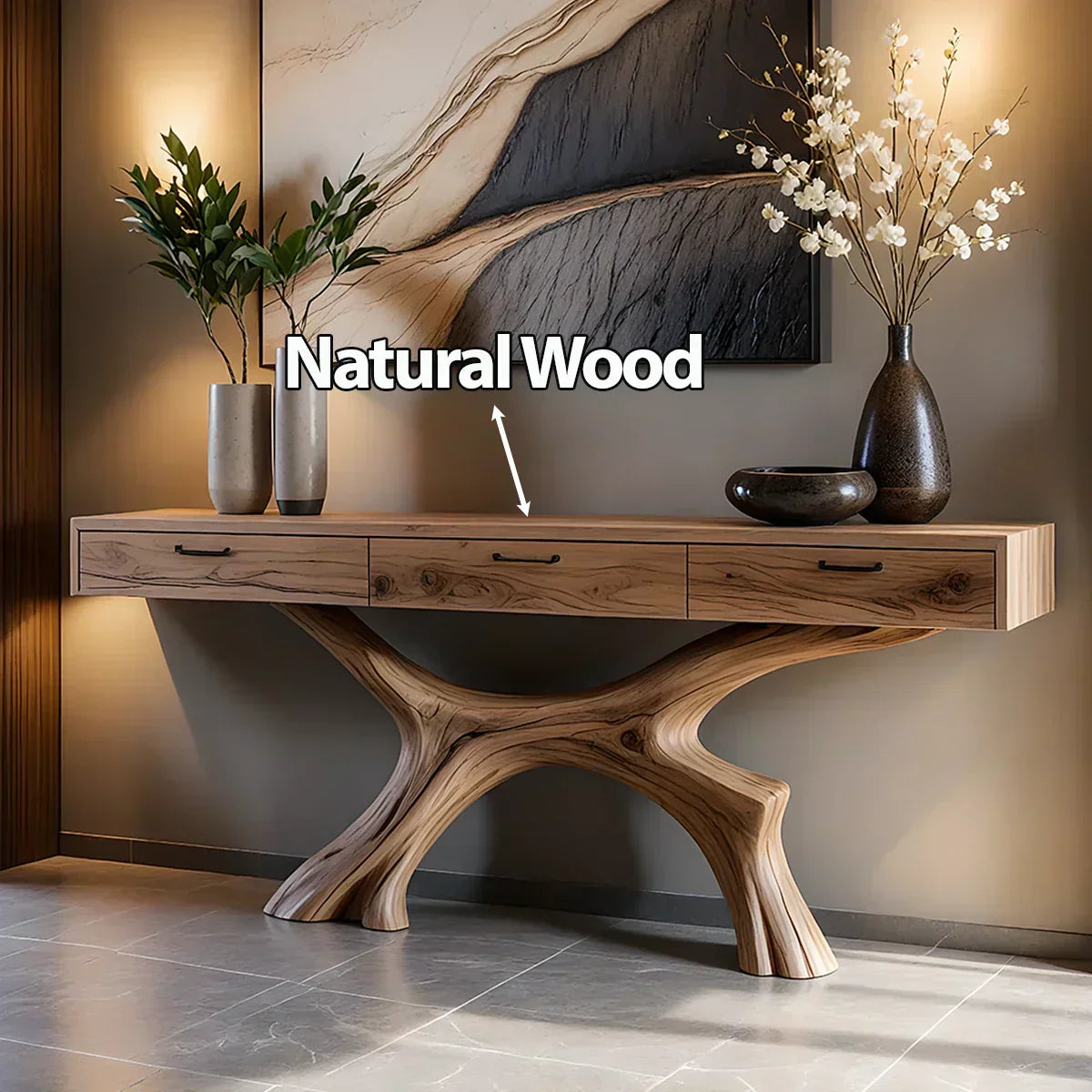 Solid Wood Console Table with Sculptural Branch-Form Base & Drawers - Rustiracraft