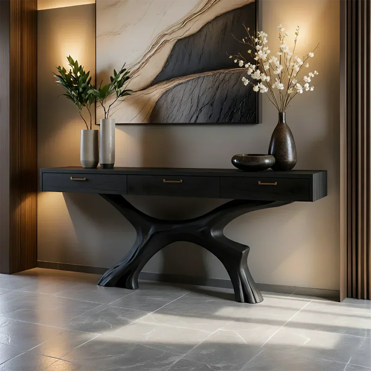 Solid Wood Console Table with Sculptural Branch-Form Base & Drawers - Rustiracraft