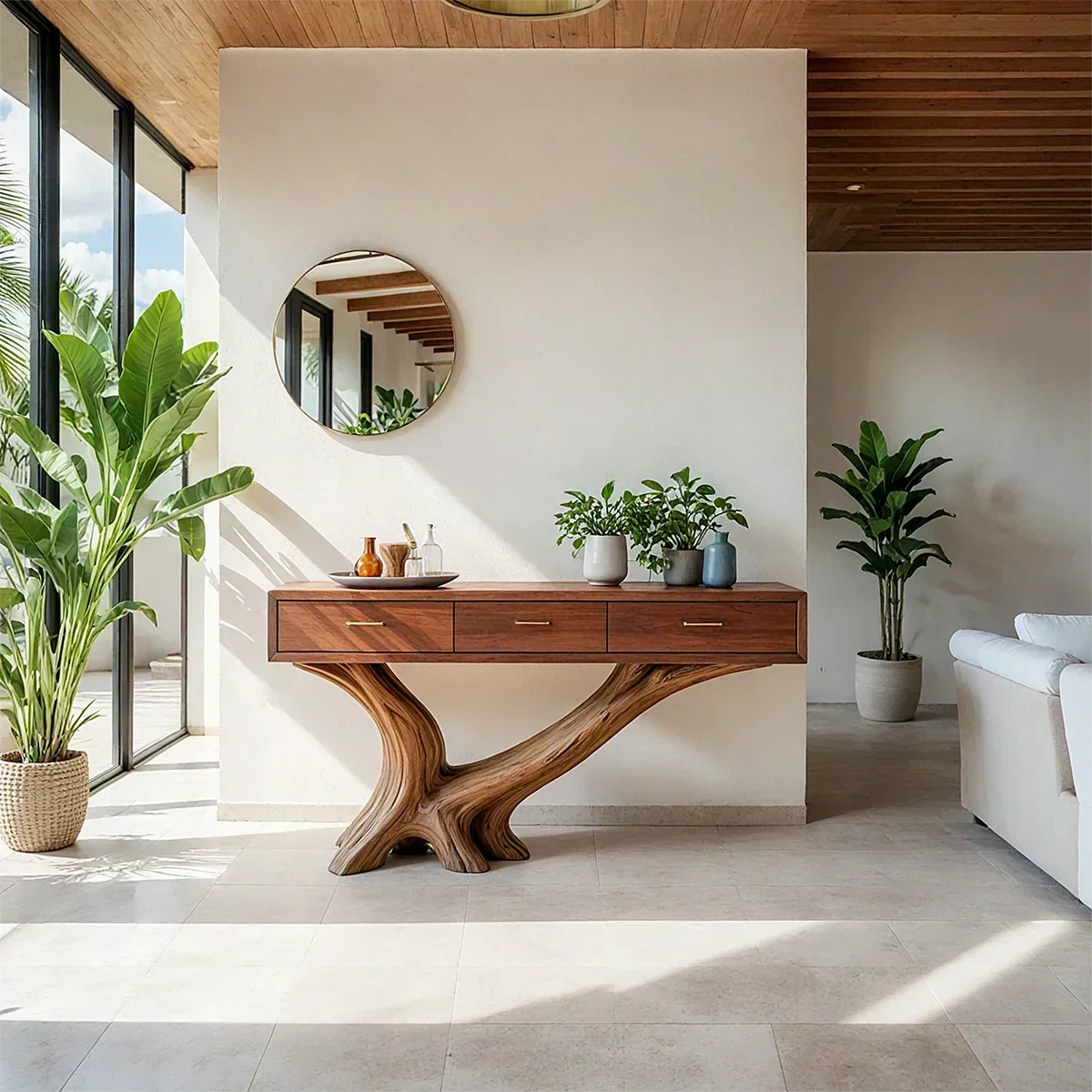 Solid Wood Console Table with Sculptural Natural Base & Drawers - Rustiracraft