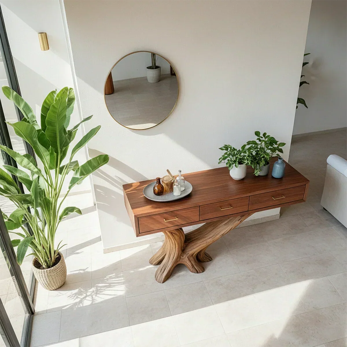 Solid Wood Console Table with Sculptural Natural Base & Drawers - Rustiracraft