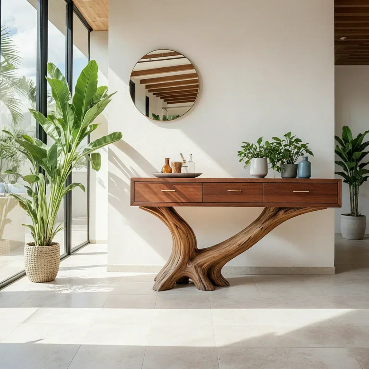 Solid Wood Console Table with Sculptural Natural Base & Drawers - Rustiracraft