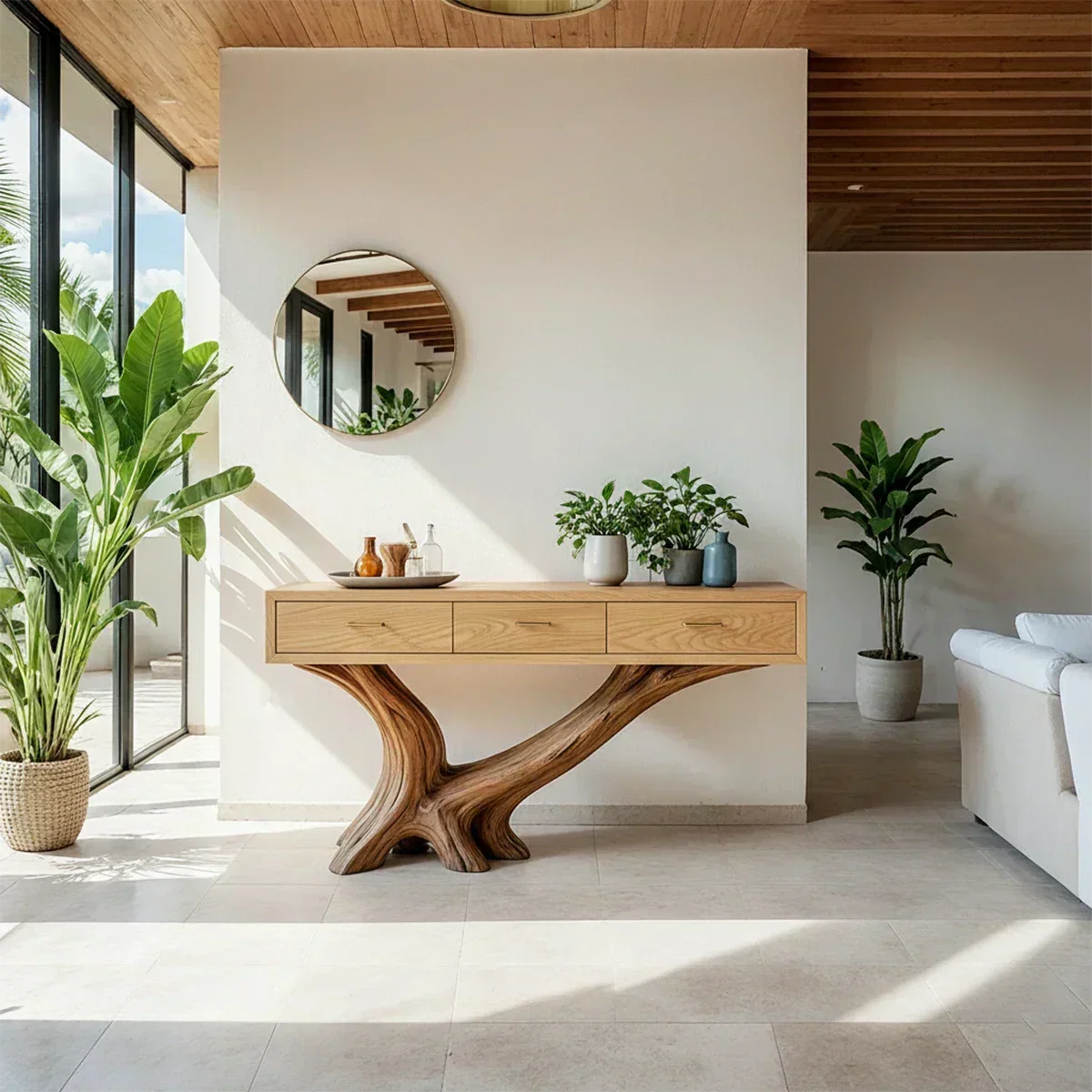 Solid Wood Console Table with Sculptural Natural Base & Drawers - Rustiracraft