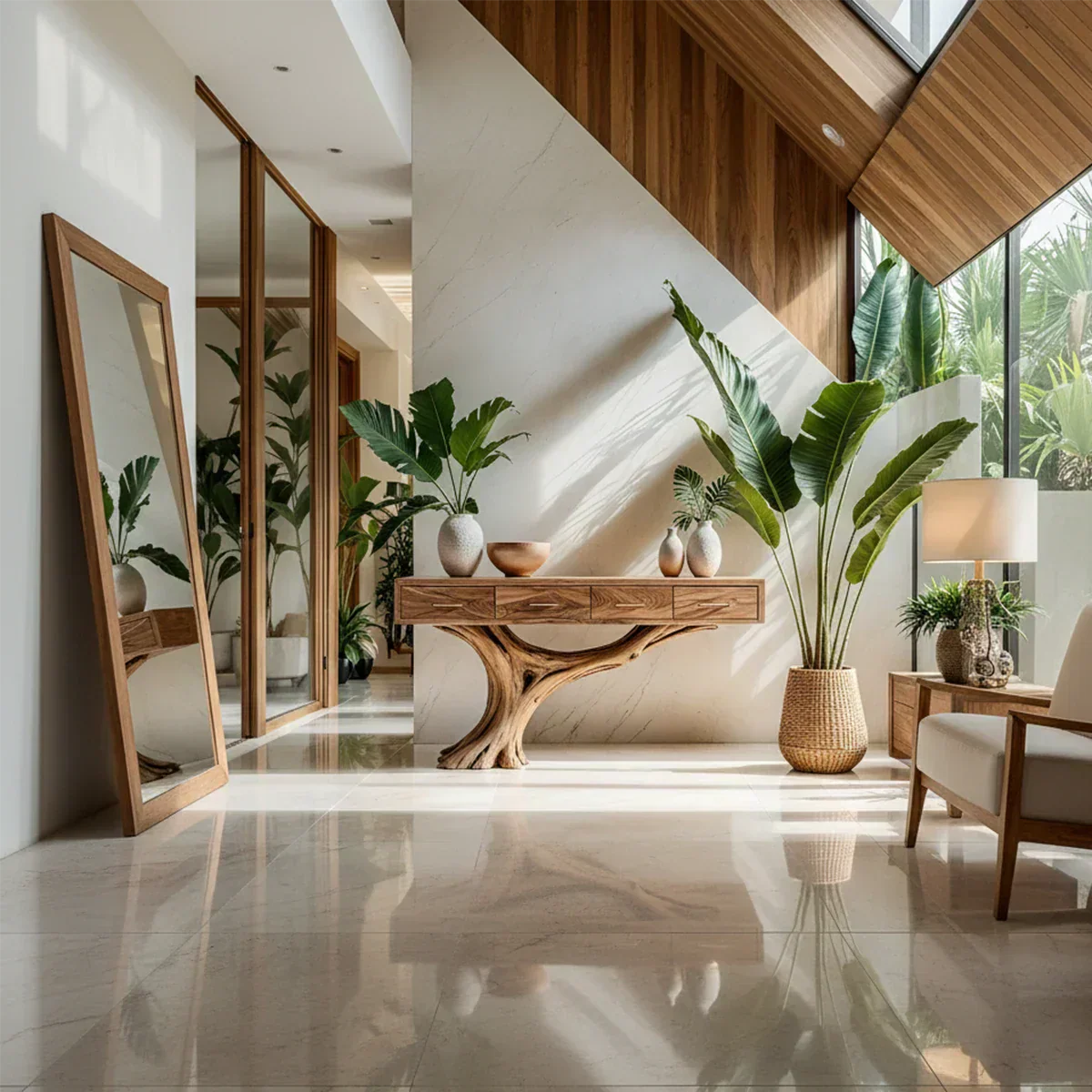 Solid Wood Console Table with Sculptural Tree-Inspired Base & Drawers - Rustiracraft