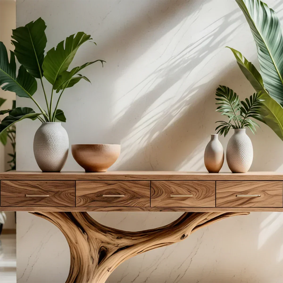 Solid Wood Console Table with Sculptural Tree-Inspired Base & Drawers - Rustiracraft