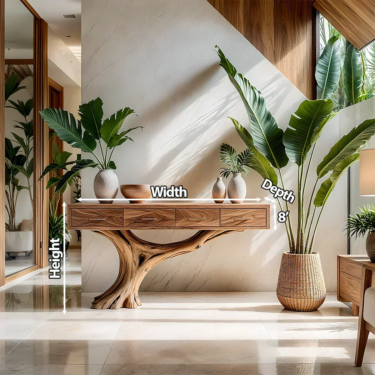 Solid Wood Console Table with Sculptural Tree-Inspired Base & Drawers - Rustiracraft