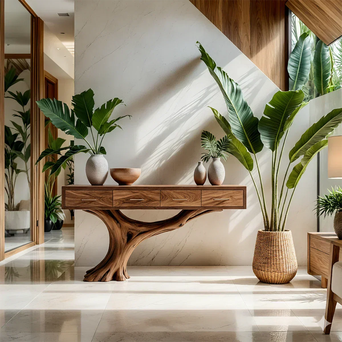 Solid Wood Console Table with Sculptural Tree-Inspired Base & Drawers - Rustiracraft