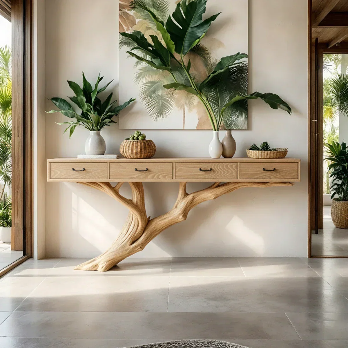 Solid Wood Console Table with Tree-Inspired Sculptural Base & Drawers - Rustiracraft