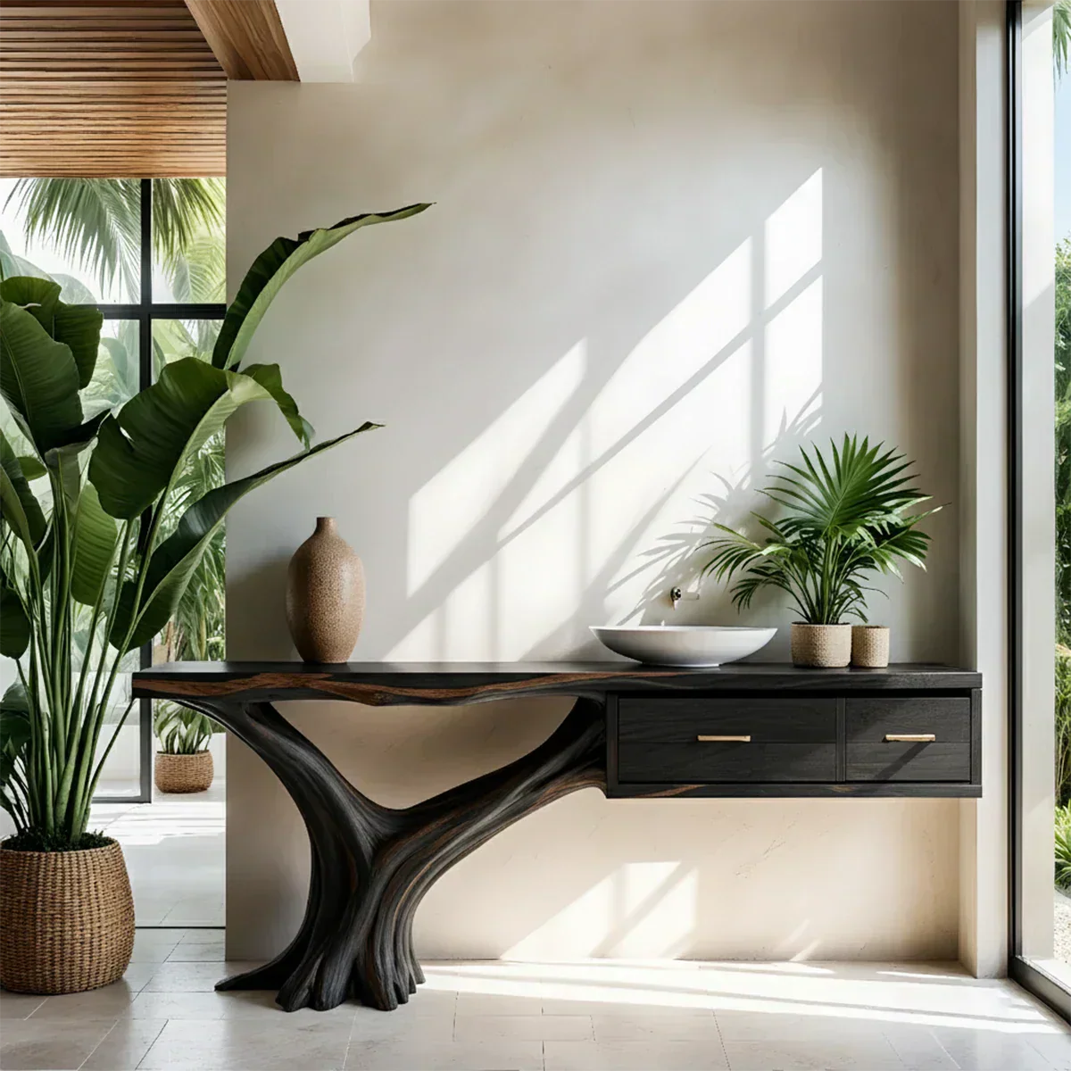 Solid Wood Console Table with Tree-Root Sculptural Base & Dual Drawers - Rustiracraft