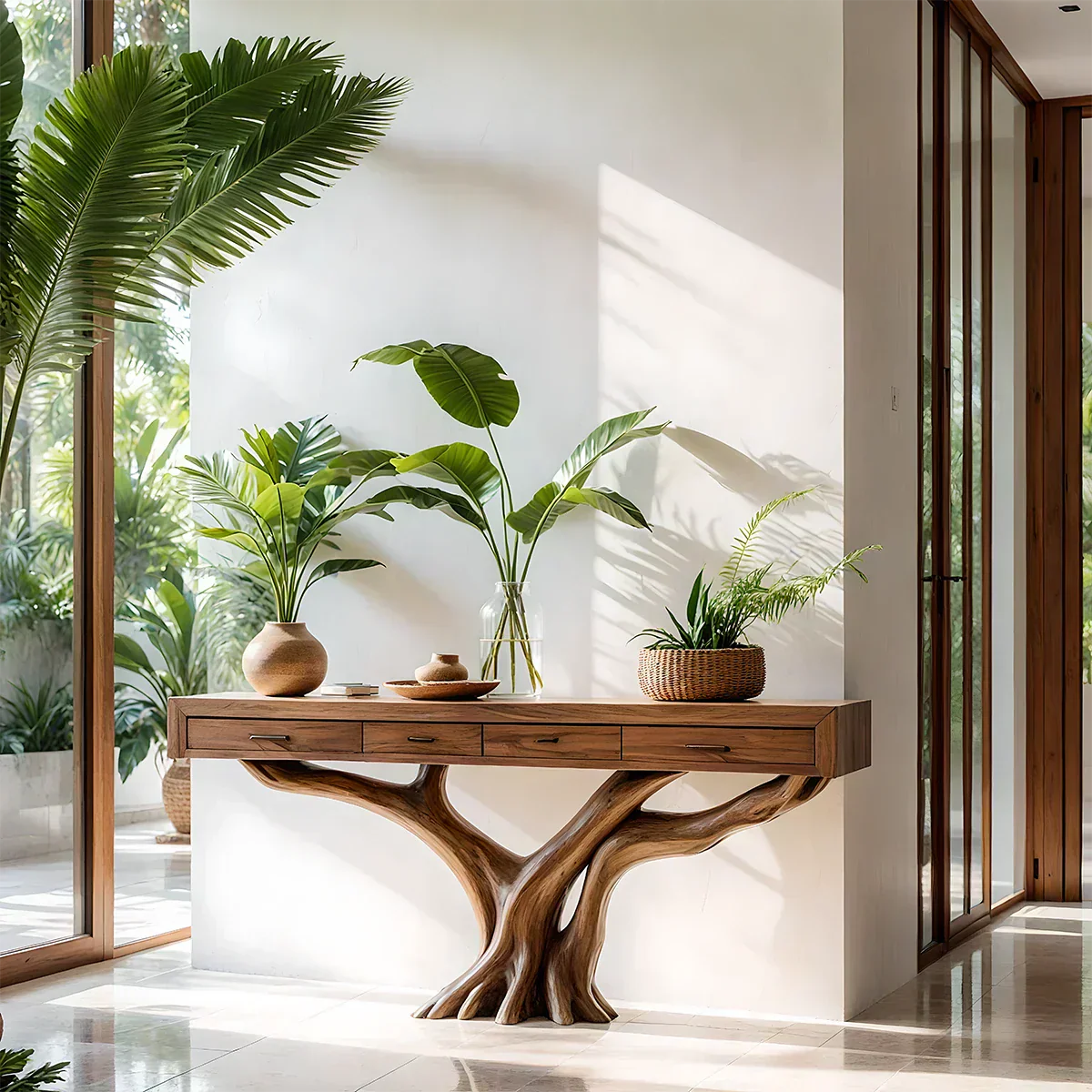 Solid Wood Console Table with Tree-Root Sculptural Base & Storage Drawers - Rustiracraft