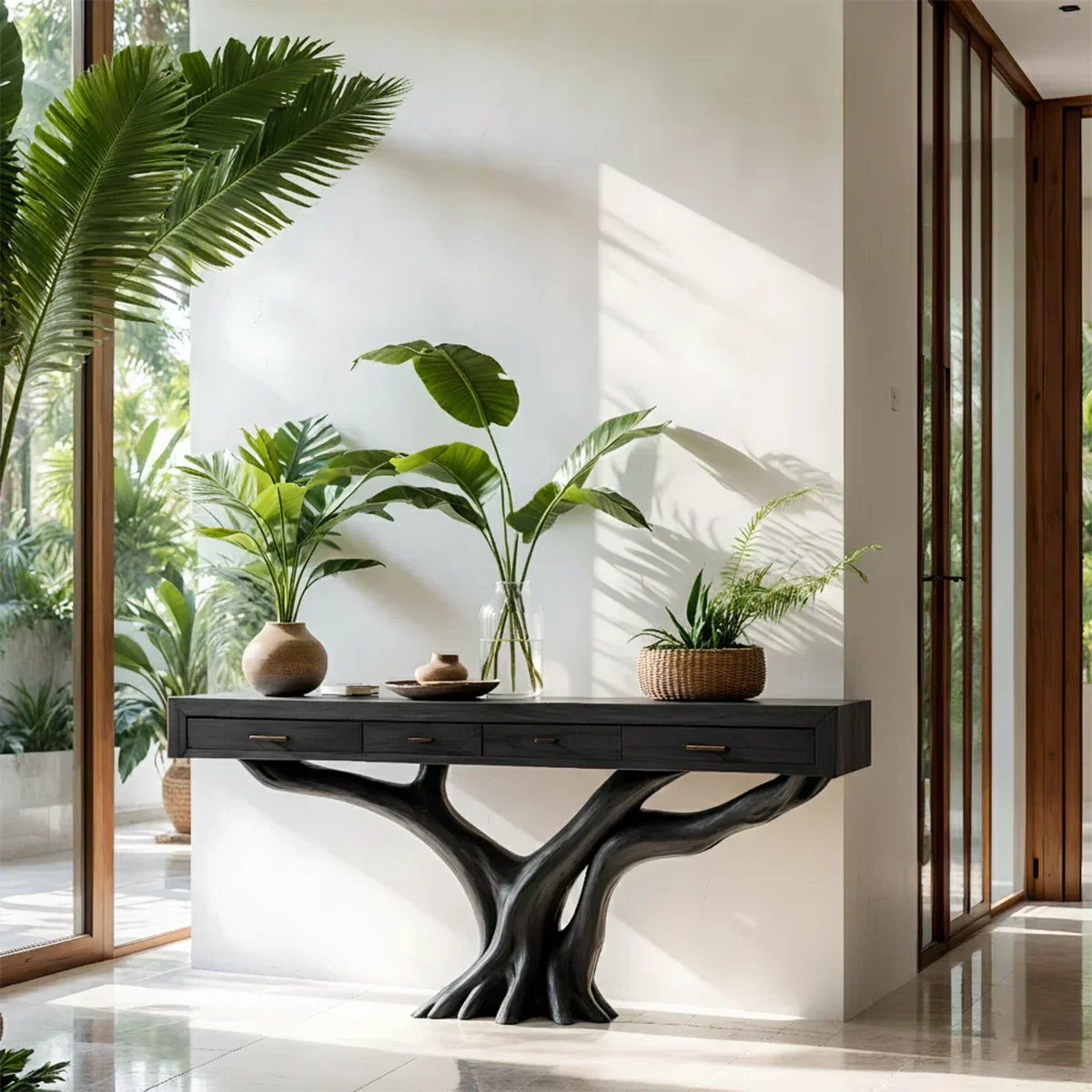 Solid Wood Console Table with Tree-Root Sculptural Base & Storage Drawers - Rustiracraft
