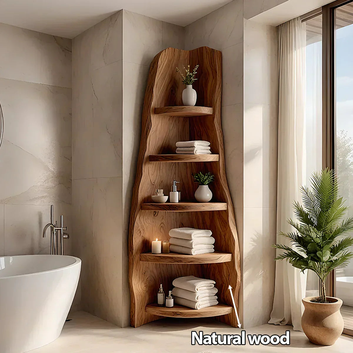 Solid Wood Corner Bathroom Shelf Tower – Live Edge Natural Design - Rustiracraft
