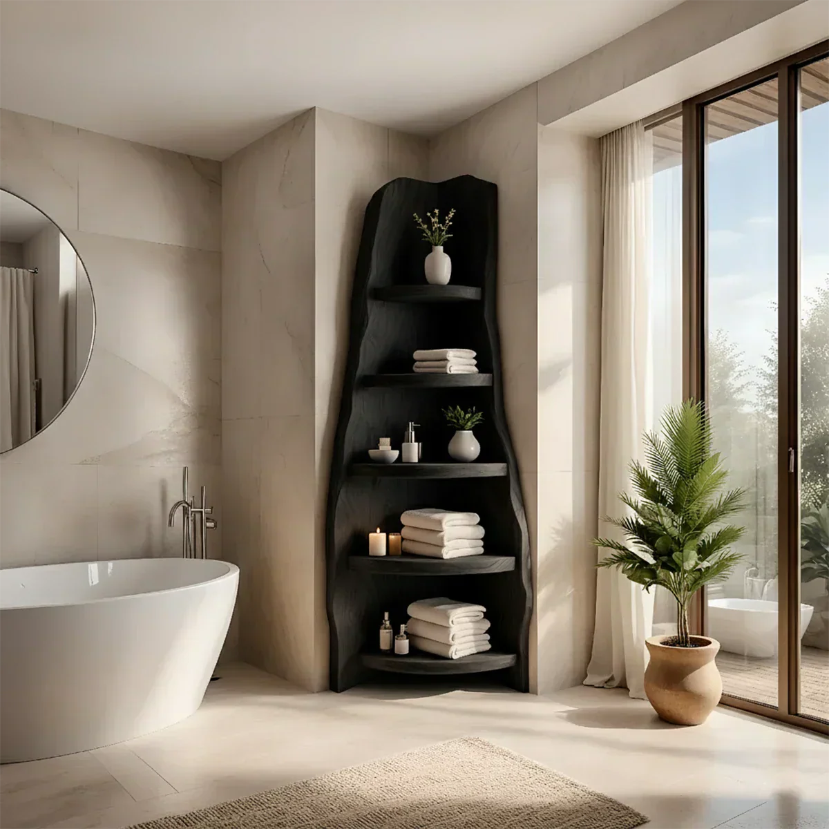 Solid Wood Corner Bathroom Shelf Tower – Live Edge Natural Design - Rustiracraft