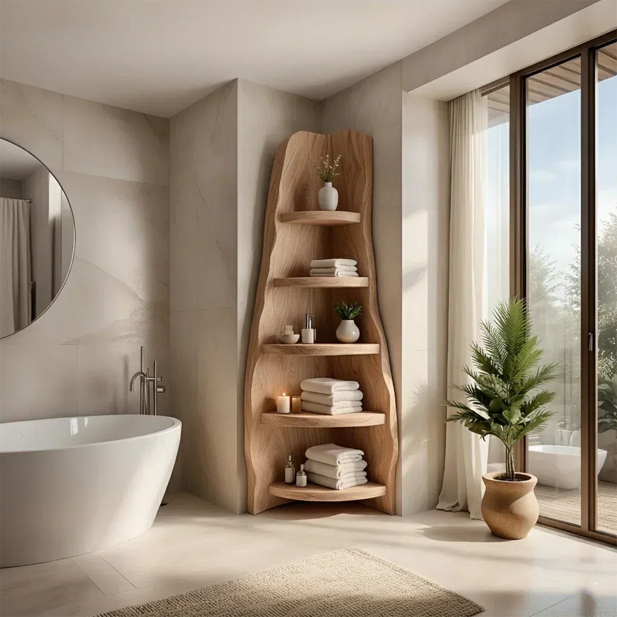 Solid Wood Corner Bathroom Shelf Tower – Live Edge Natural Design - Rustiracraft