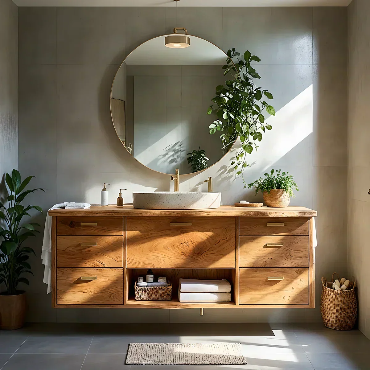 Solid Wood Double Floating Vanity with Stone Basin - Rustiracraft