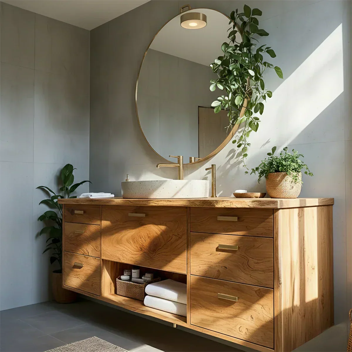 Solid Wood Double Floating Vanity with Stone Basin - Rustiracraft