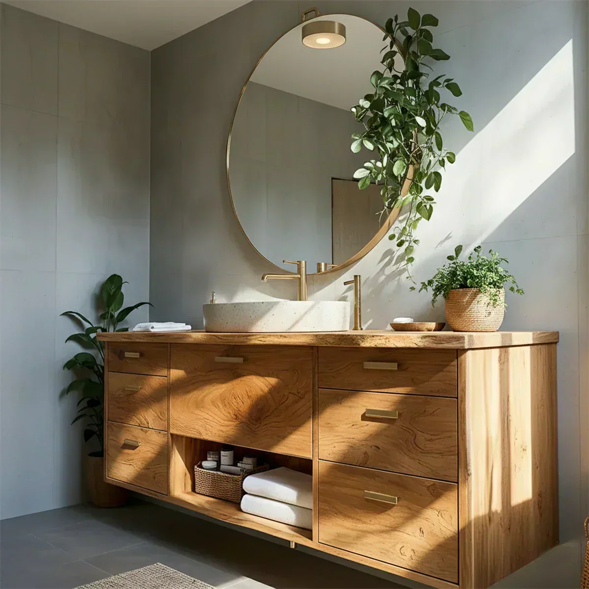 Solid Wood Double Floating Vanity with Stone Basin - Rustiracraft