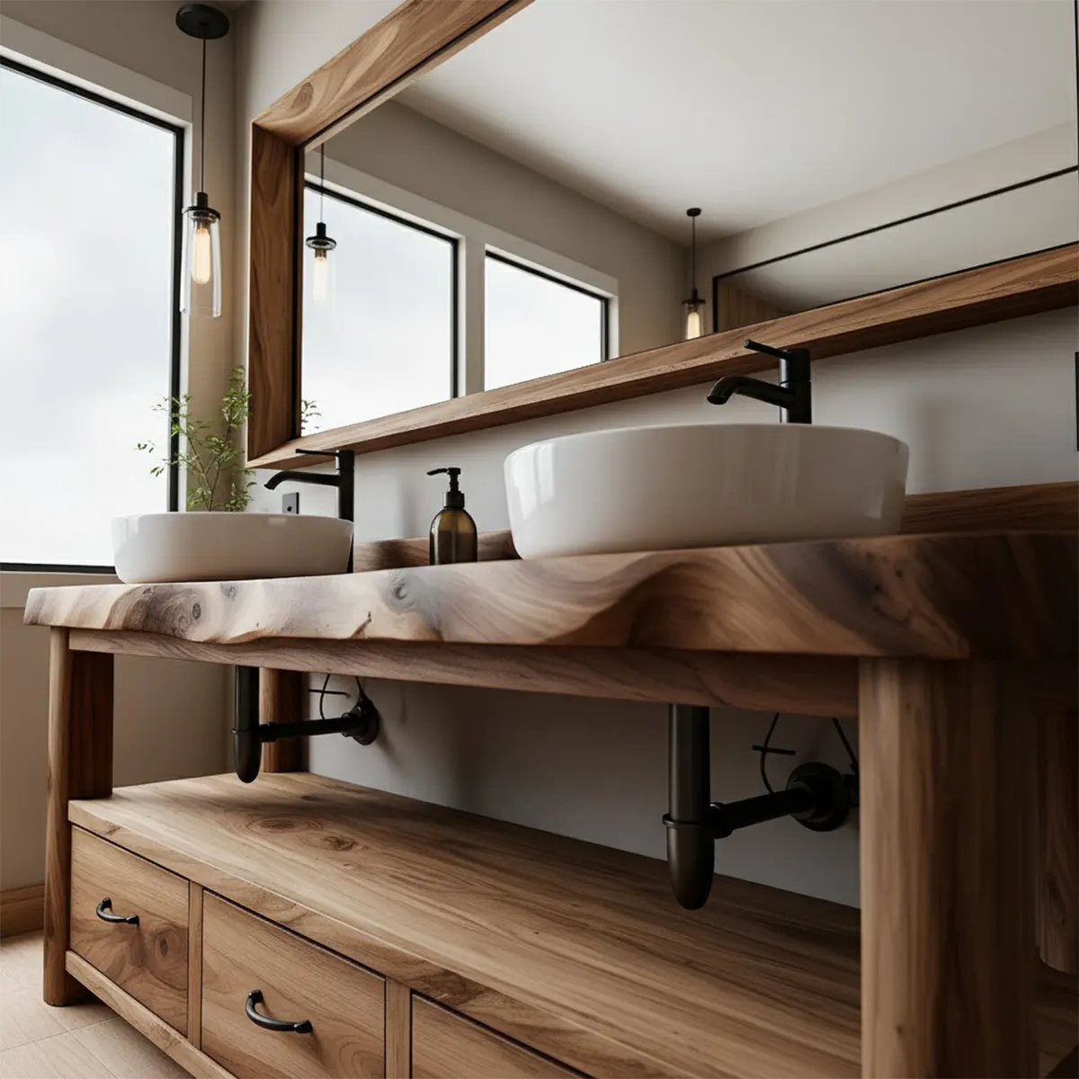 Solid Wood Double Sink Rustic Bathroom Vanity With Live Edge - Rustiracraft