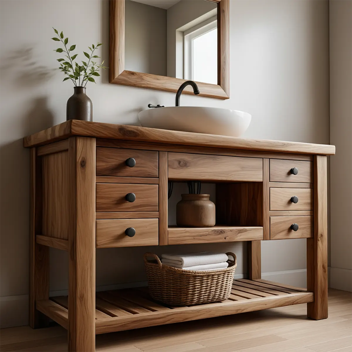 Solid Wood Farmhouse Bathroom Vanity with Drawers & Open Shelf - Rustiracraft