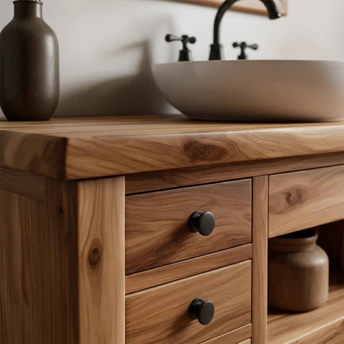 Solid Wood Farmhouse Bathroom Vanity with Drawers & Open Shelf - Rustiracraft
