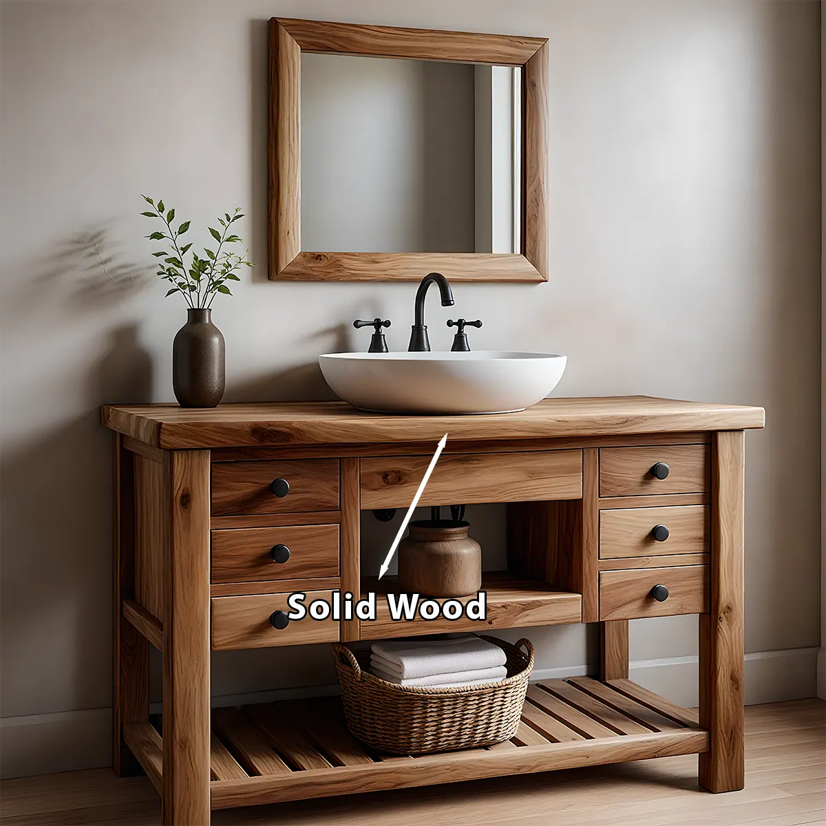 Solid Wood Farmhouse Bathroom Vanity with Drawers & Open Shelf - Rustiracraft