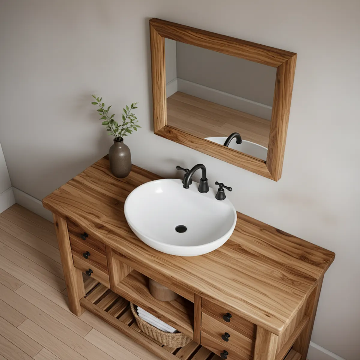 Solid Wood Farmhouse Bathroom Vanity with Drawers & Open Shelf - Rustiracraft