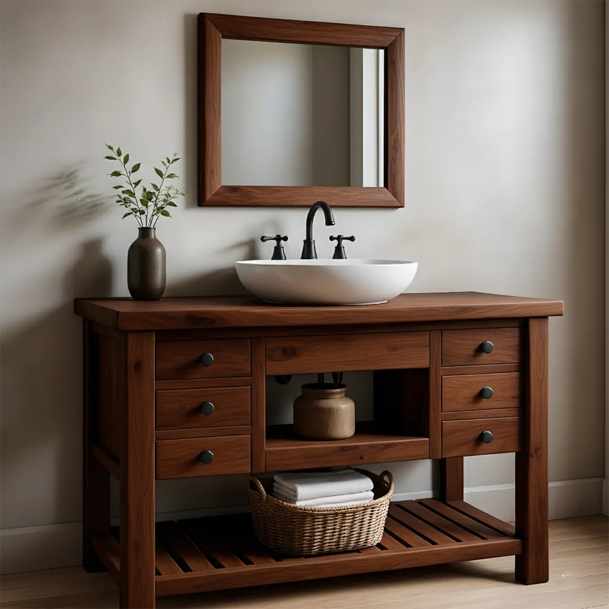Solid Wood Farmhouse Bathroom Vanity with Drawers & Open Shelf - Rustiracraft