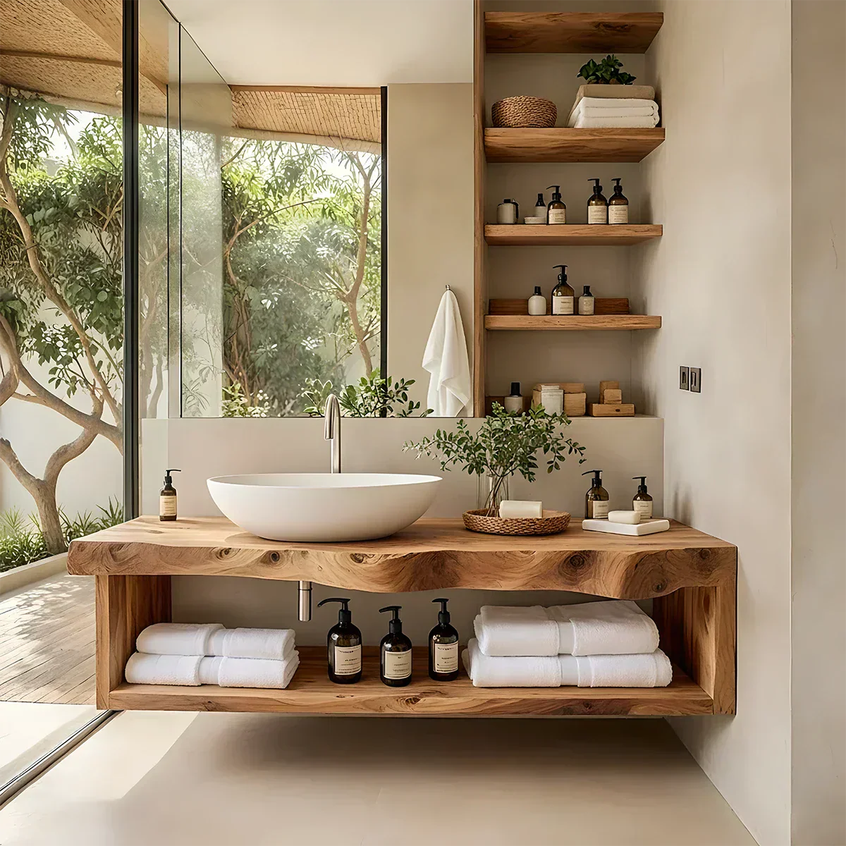 Solid Wood Floating Vanity with Shelf – Japandi Natural Spa Bathroom Console - Rustiracraft