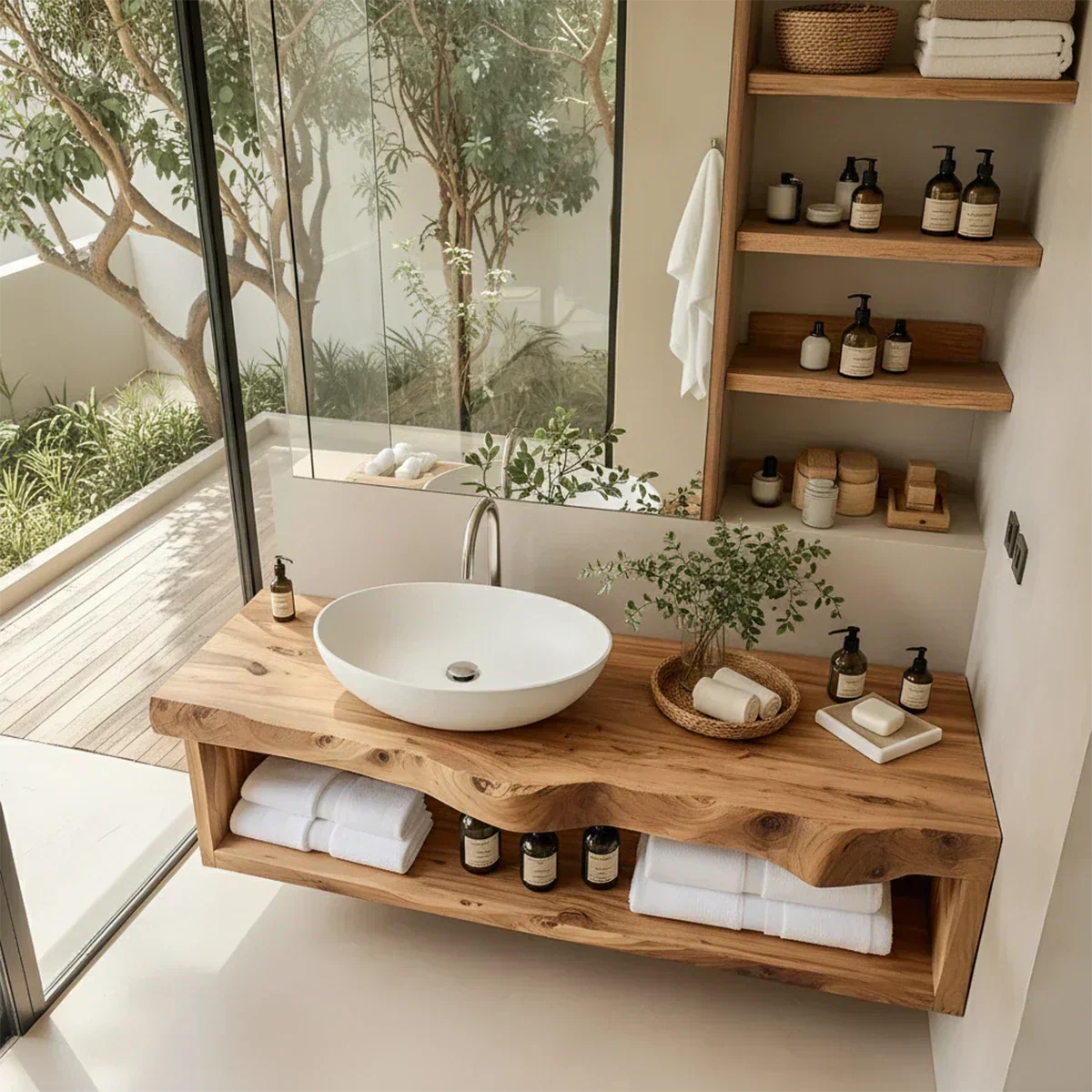 Solid Wood Floating Vanity with Shelf – Japandi Natural Spa Bathroom Console - Rustiracraft