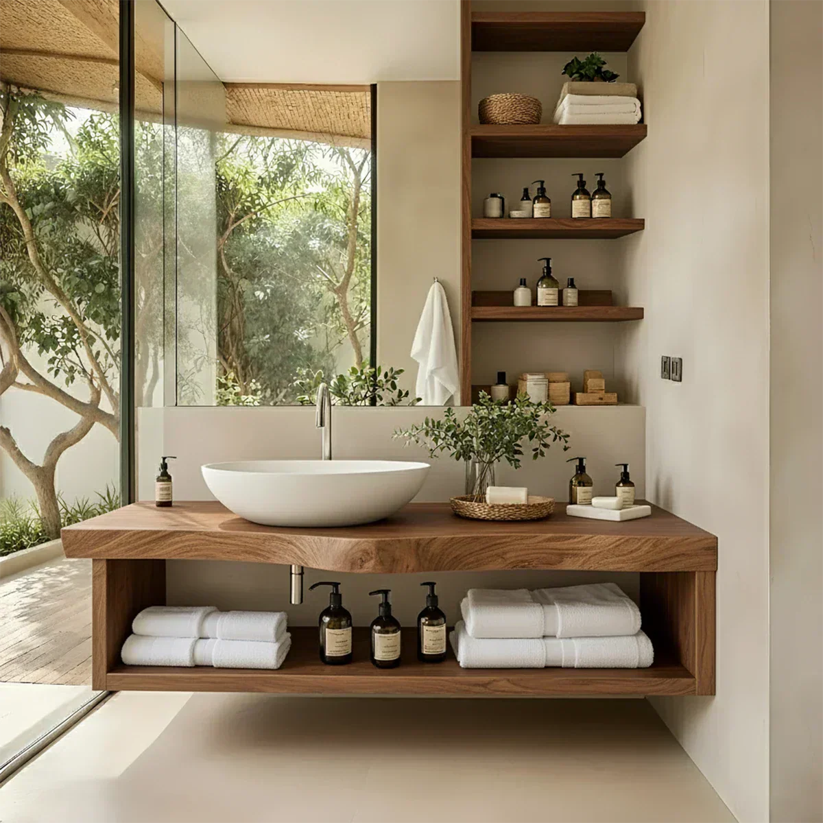 Solid Wood Floating Vanity with Shelf – Japandi Natural Spa Bathroom Console - Rustiracraft