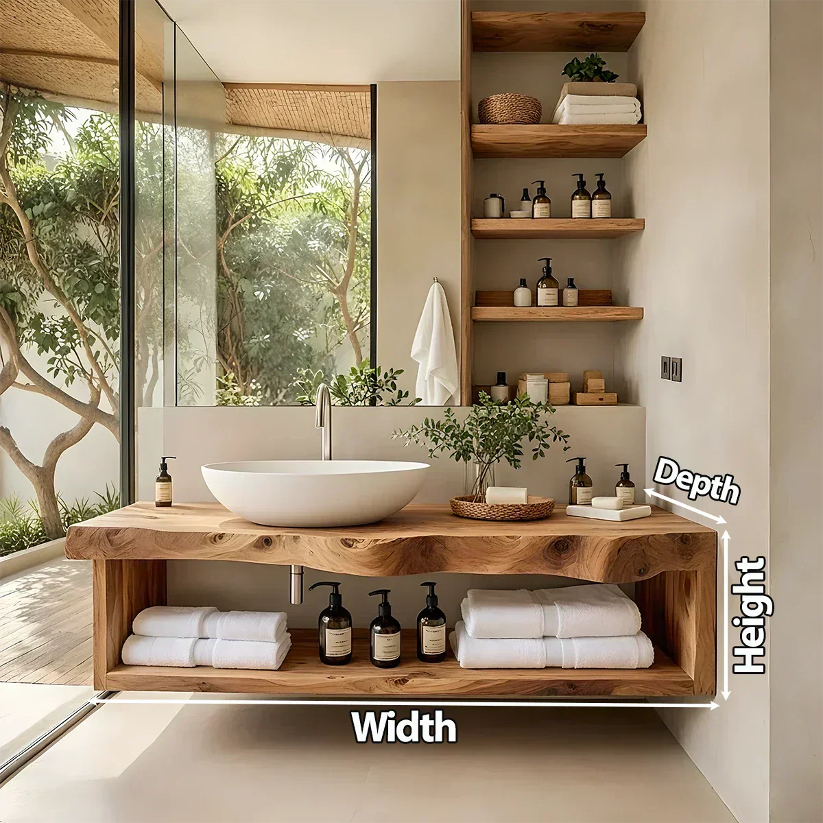 Solid Wood Floating Vanity with Shelf – Japandi Natural Spa Bathroom Console - Rustiracraft