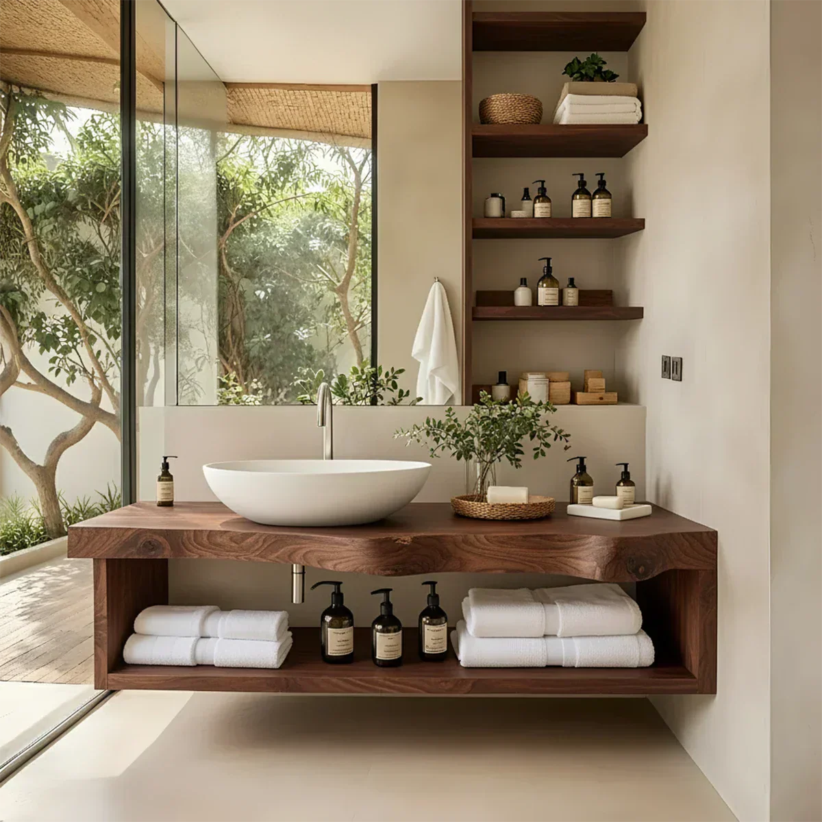 Solid Wood Floating Vanity with Shelf – Japandi Natural Spa Bathroom Console - Rustiracraft