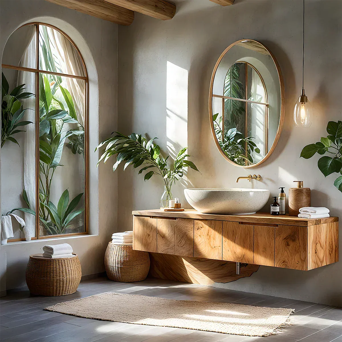 Solid Wood Floating Vanity with Stone Basin - Rustiracraft