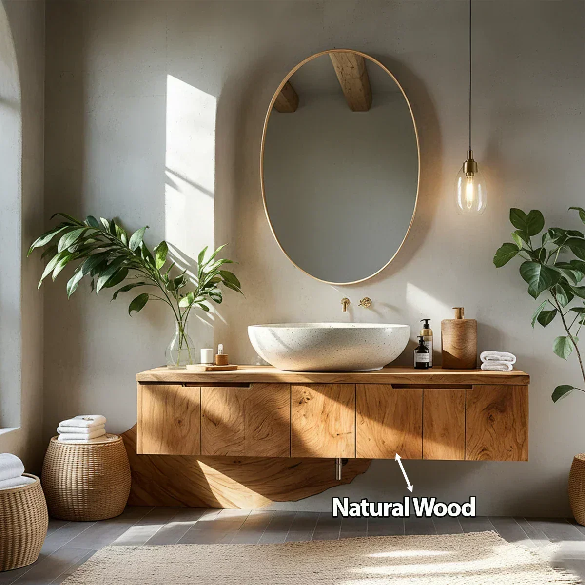 Solid Wood Floating Vanity with Stone Basin - Rustiracraft