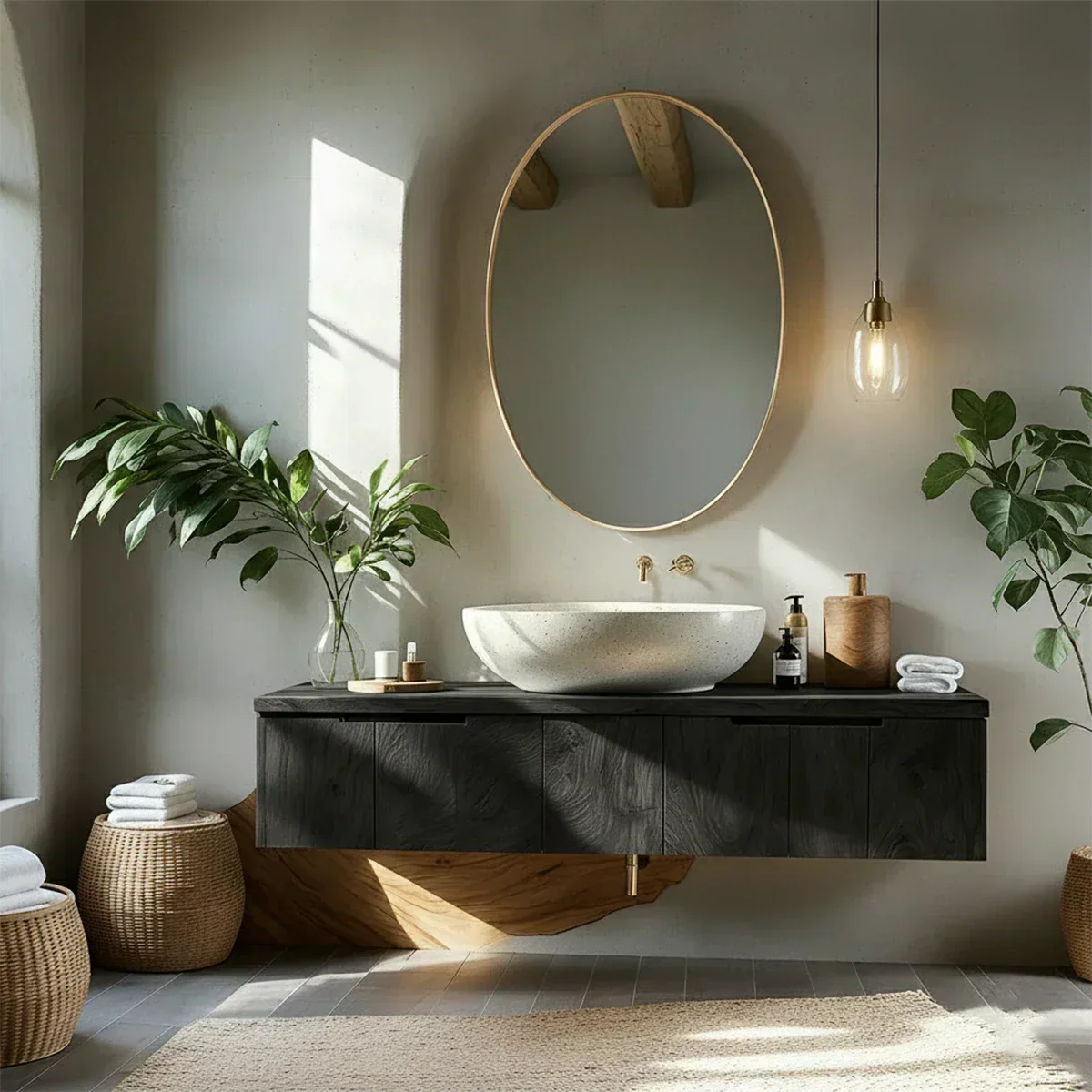 Solid Wood Floating Vanity with Stone Basin - Rustiracraft