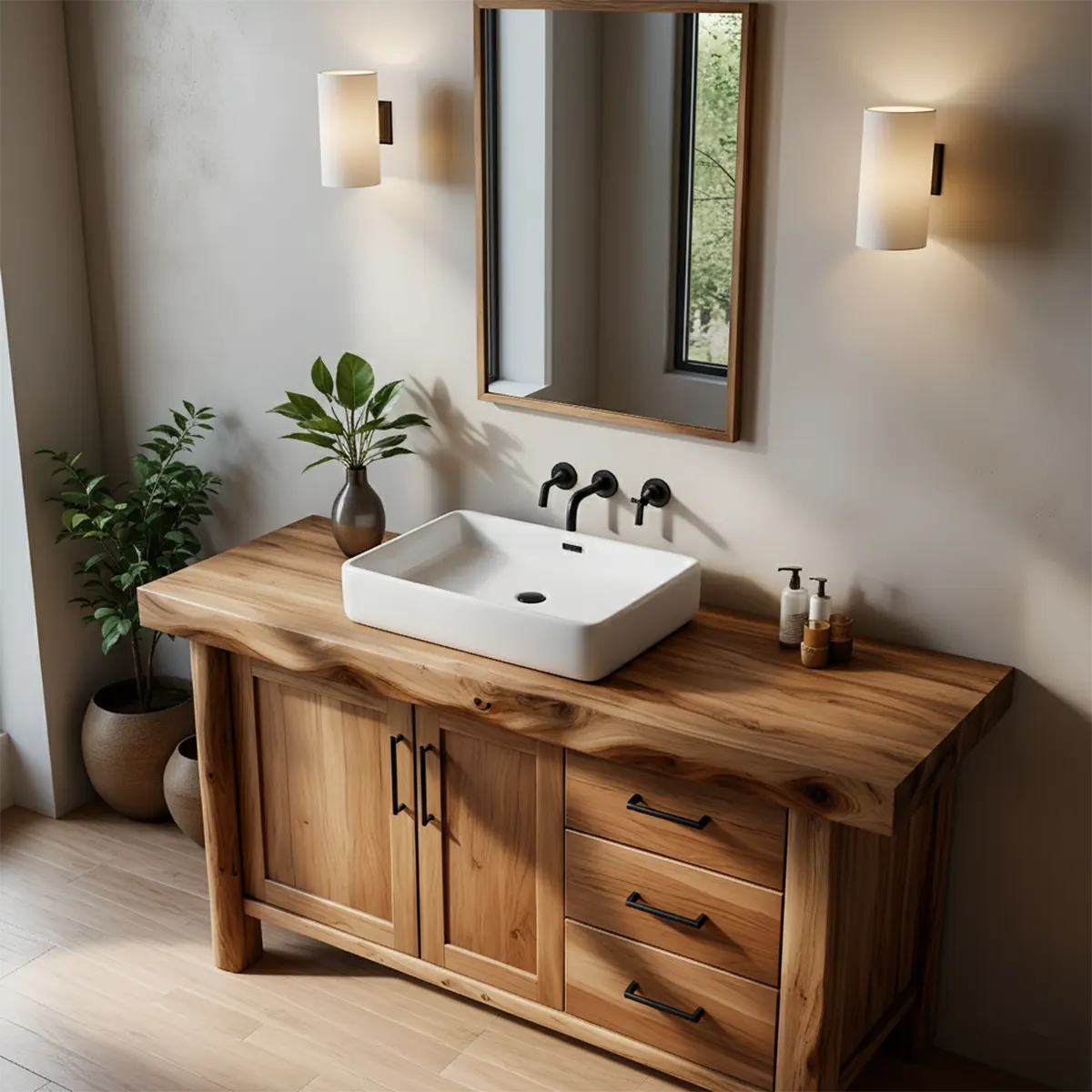 Solid Wood Live Edge Bathroom Vanity with Cabinet & Drawers - Rustiracraft