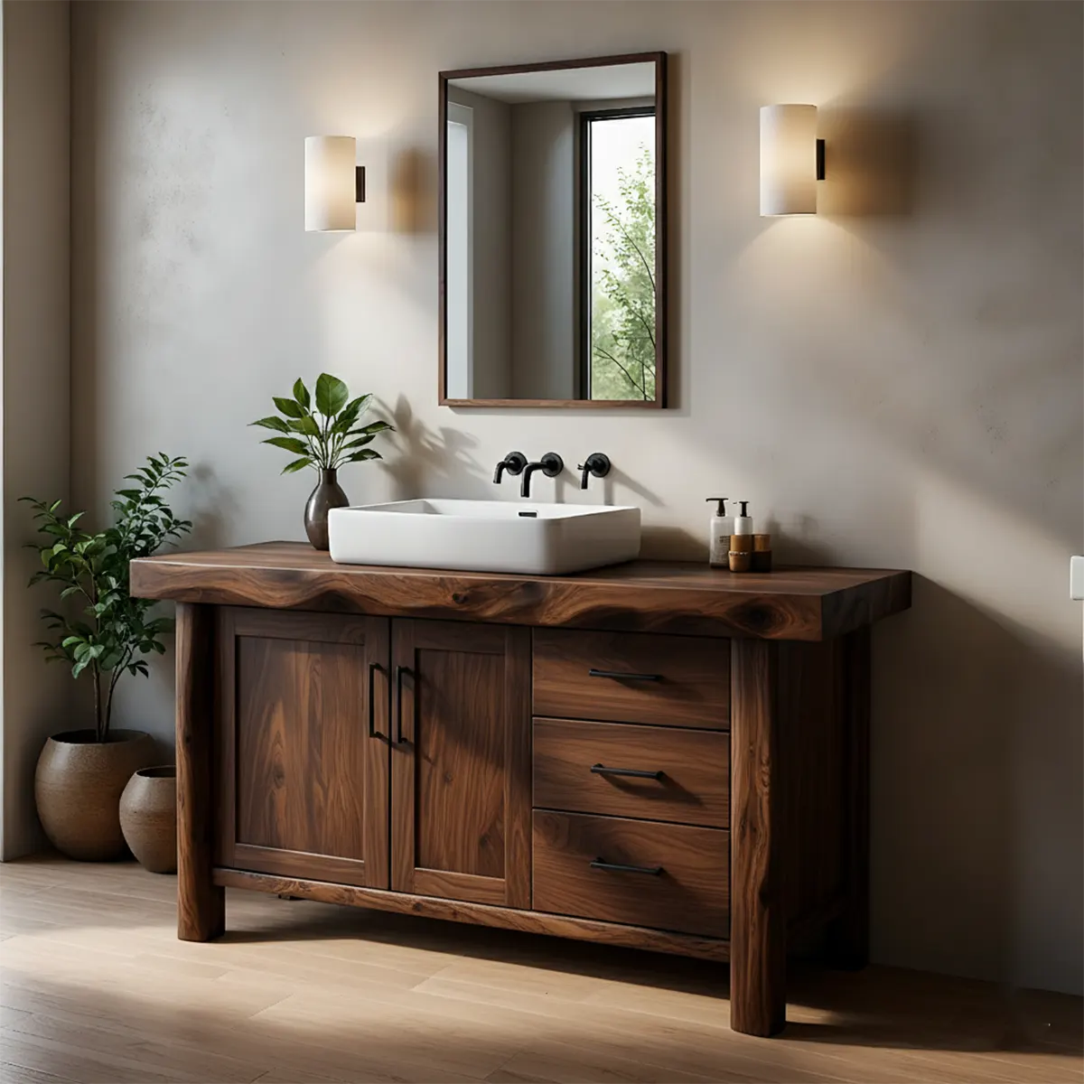 Solid Wood Live Edge Bathroom Vanity with Cabinet & Drawers - Rustiracraft
