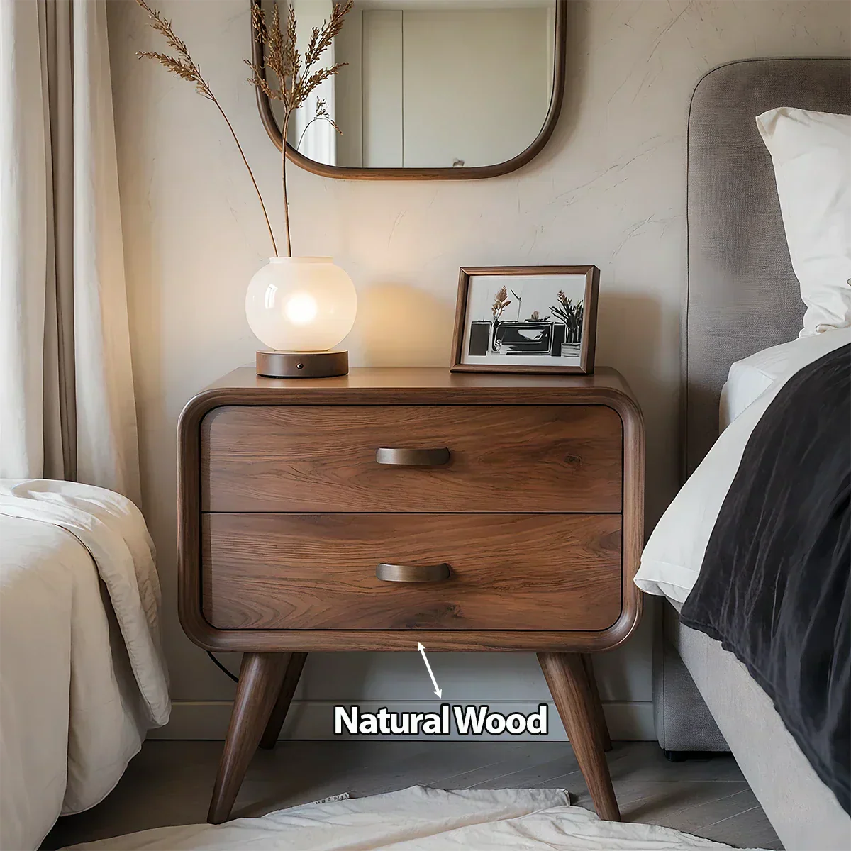 Solid Wood Mid-Century Nightstand with Two Drawers - Rustiracraft