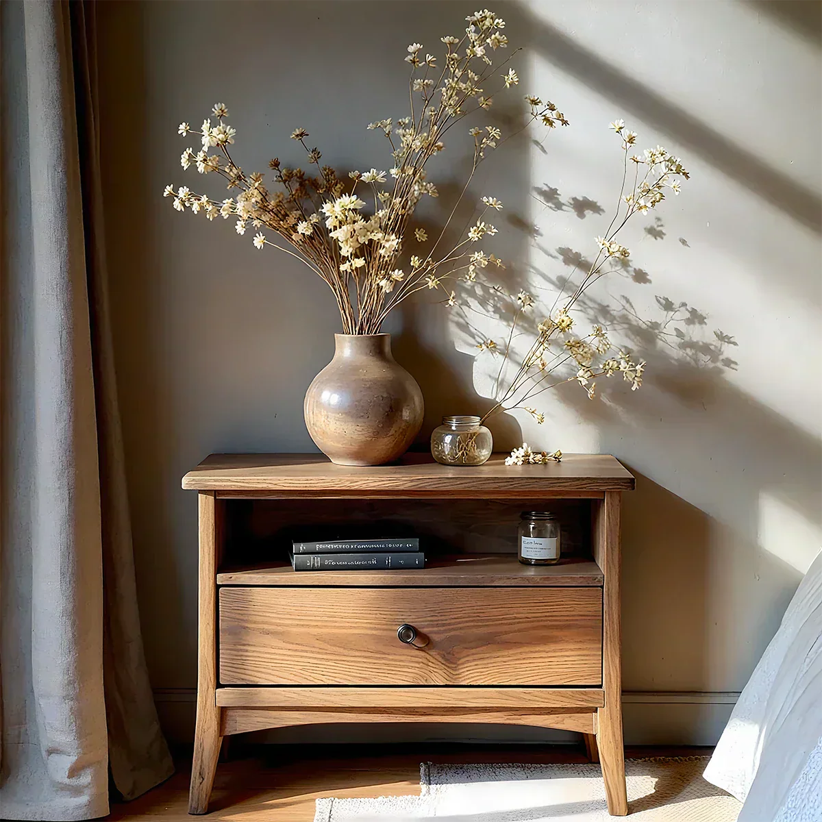 Solid Wood Minimalist Nightstand – Single Drawer & Open Shelf - Rustiracraft