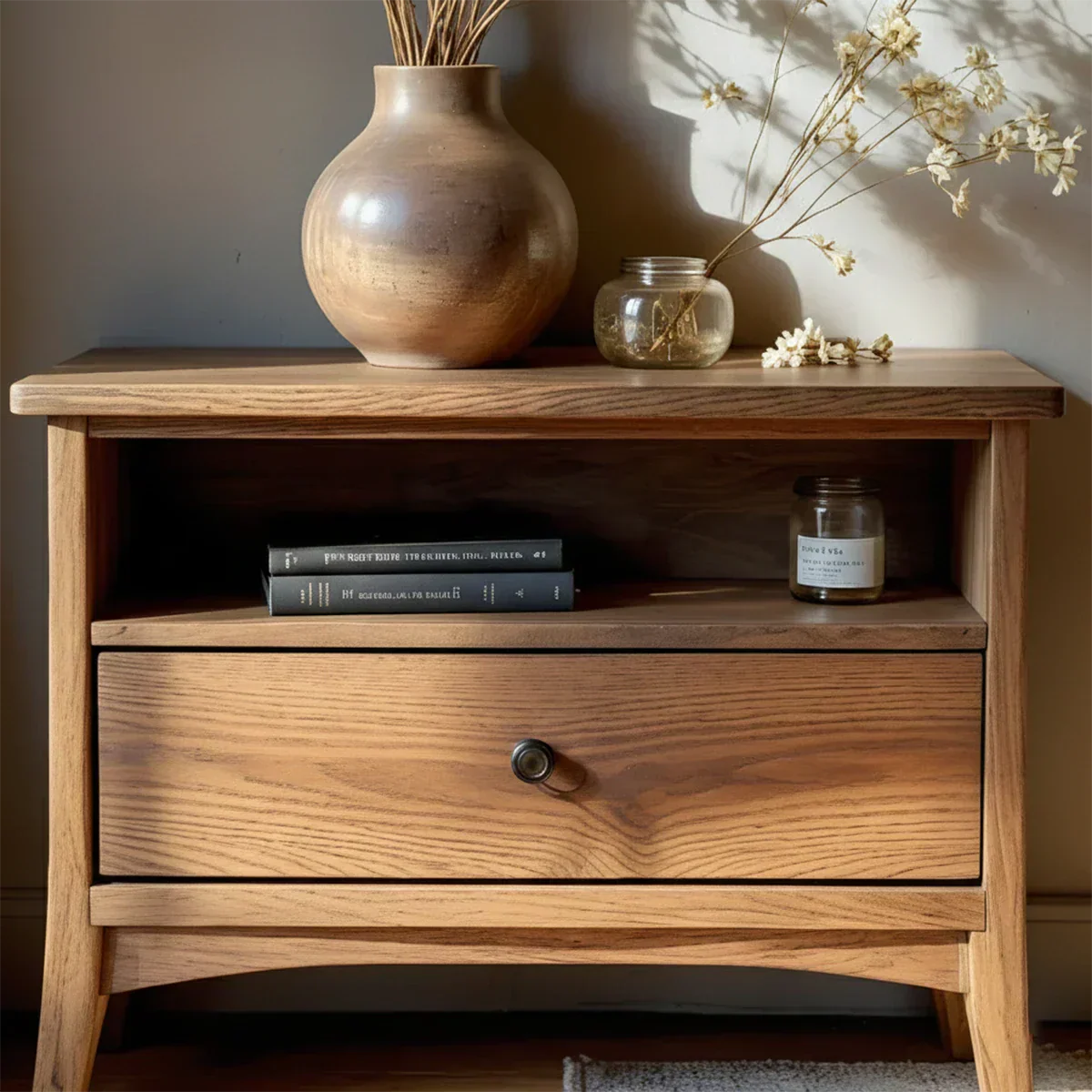 Solid Wood Minimalist Nightstand – Single Drawer & Open Shelf - Rustiracraft