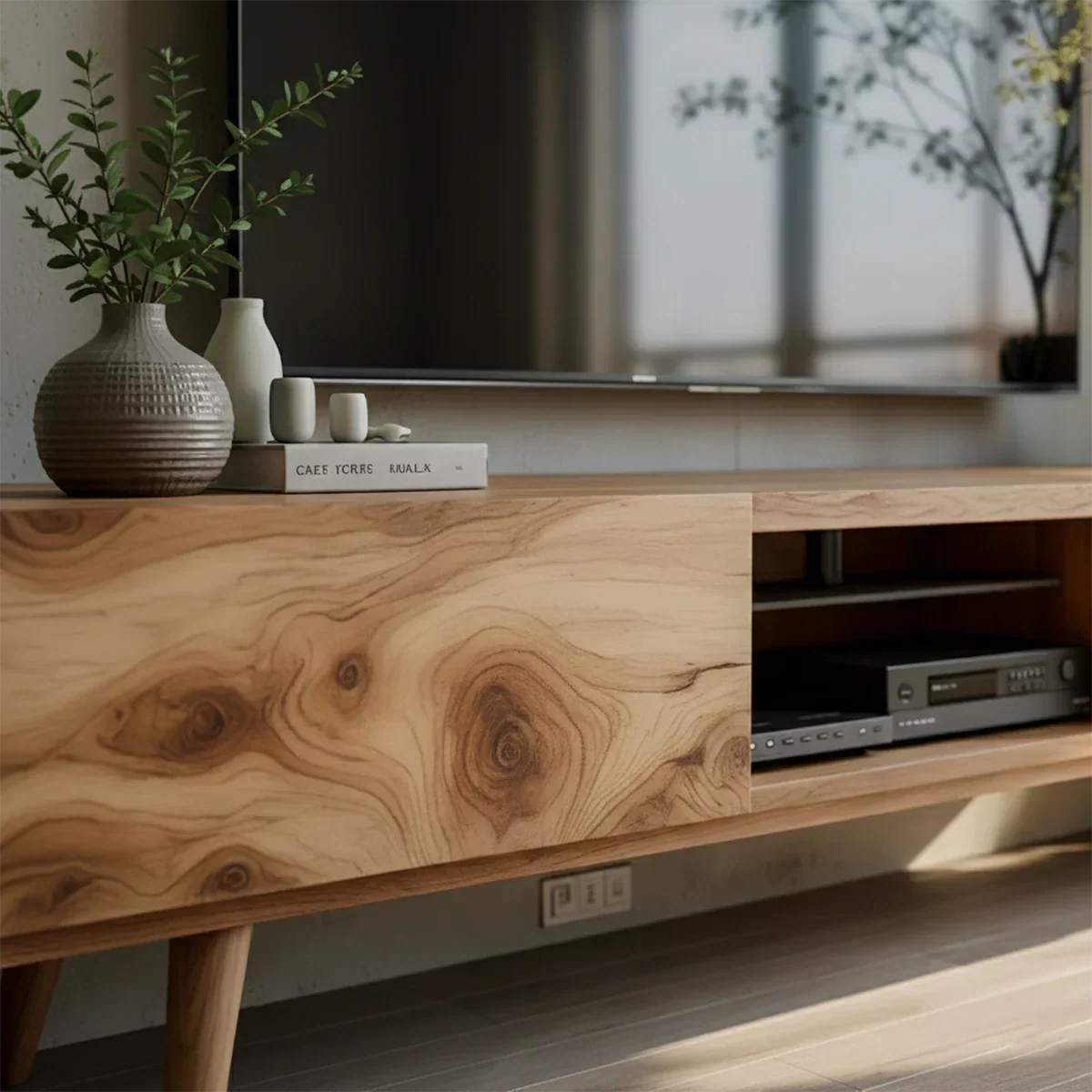 Solid Wood Modern TV Stand – Natural Finish Media Console - Rustiracraft