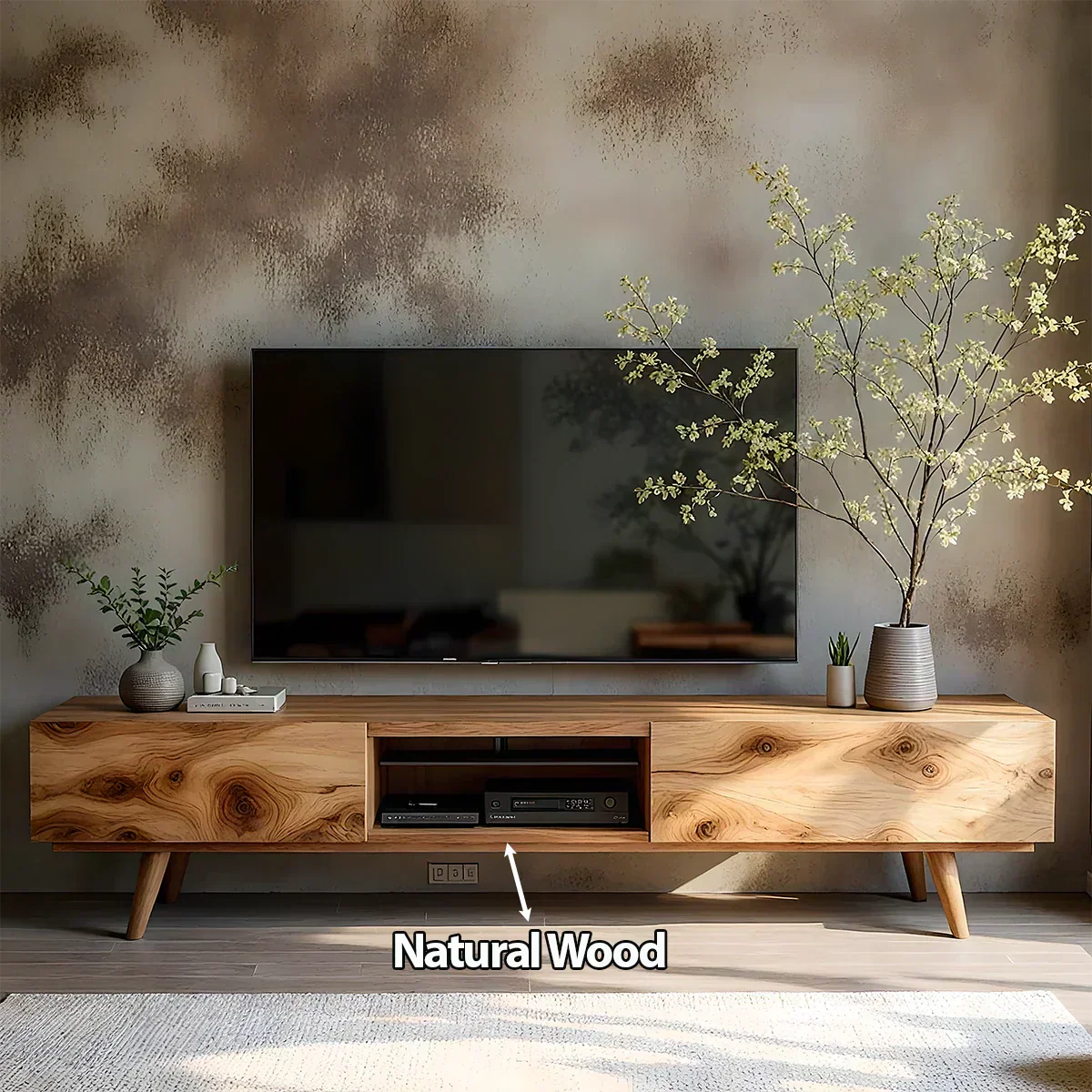 Solid Wood Modern TV Stand – Natural Finish Media Console - Rustiracraft