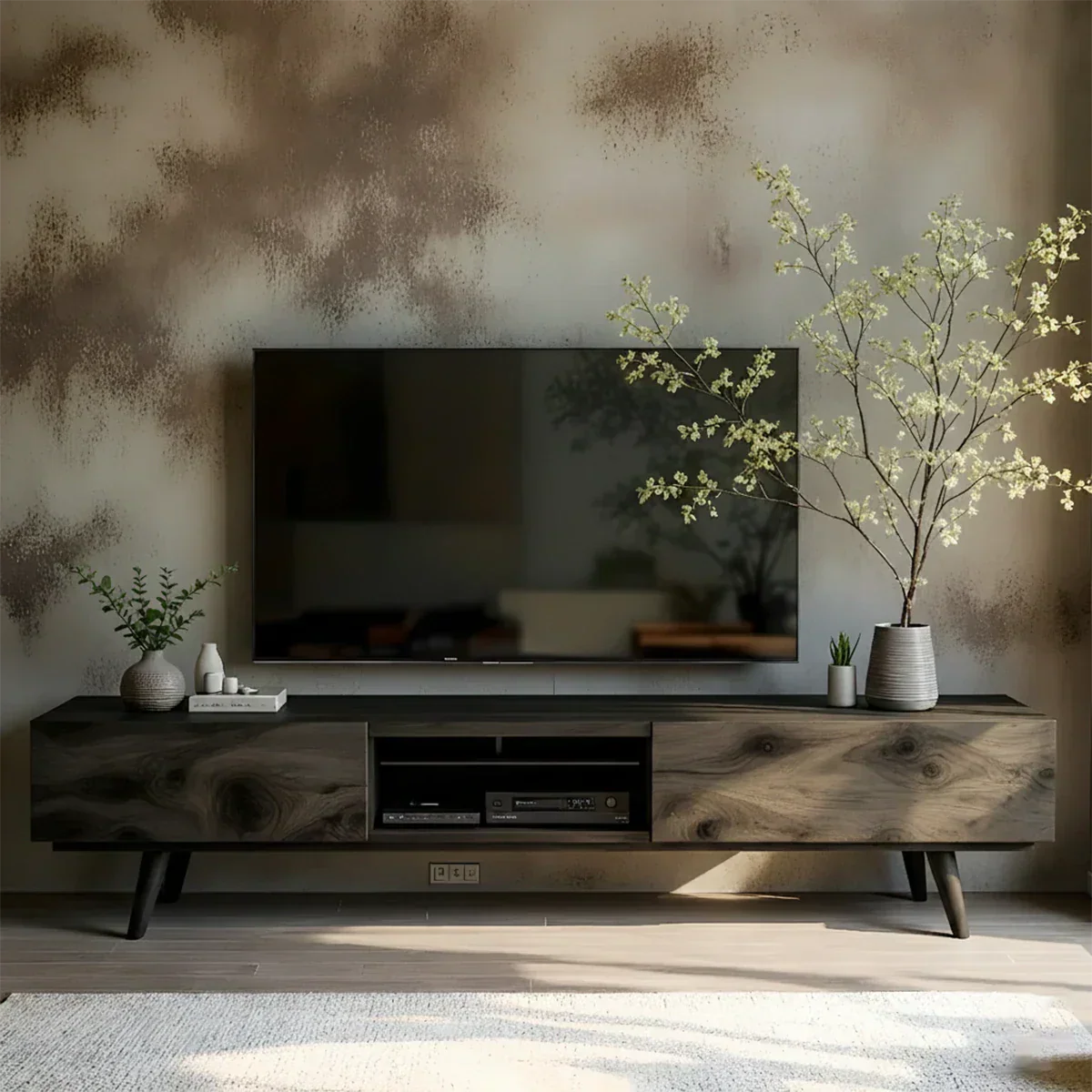 Solid Wood Modern TV Stand – Natural Finish Media Console - Rustiracraft
