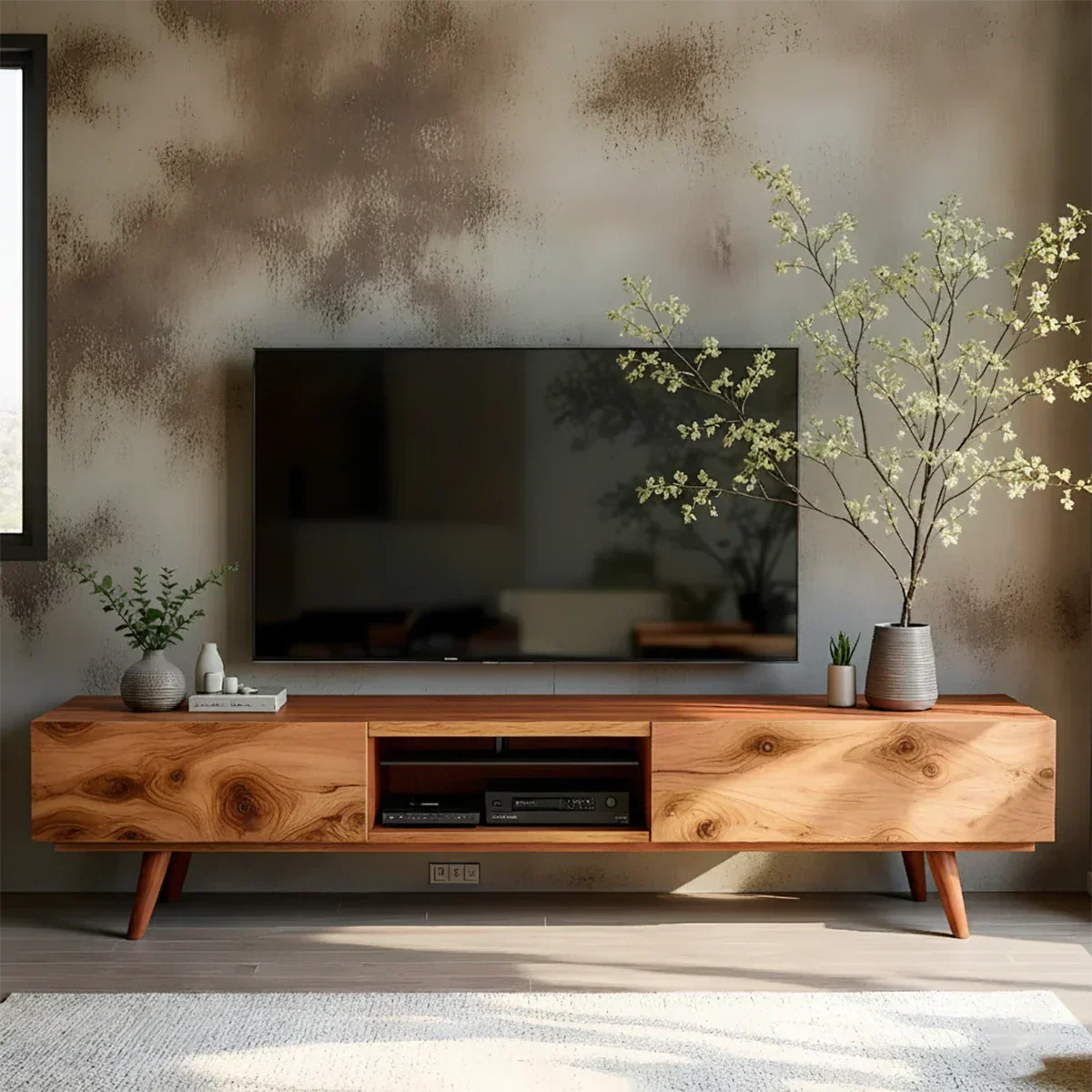 Solid Wood Modern TV Stand – Natural Finish Media Console - Rustiracraft
