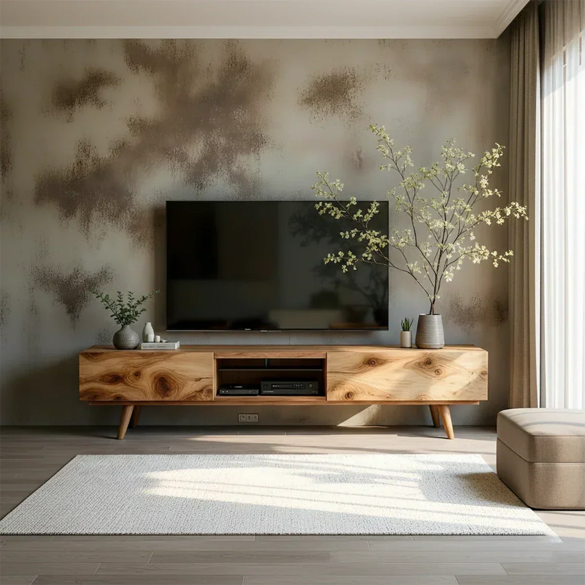Solid Wood Modern TV Stand – Natural Finish Media Console - Rustiracraft